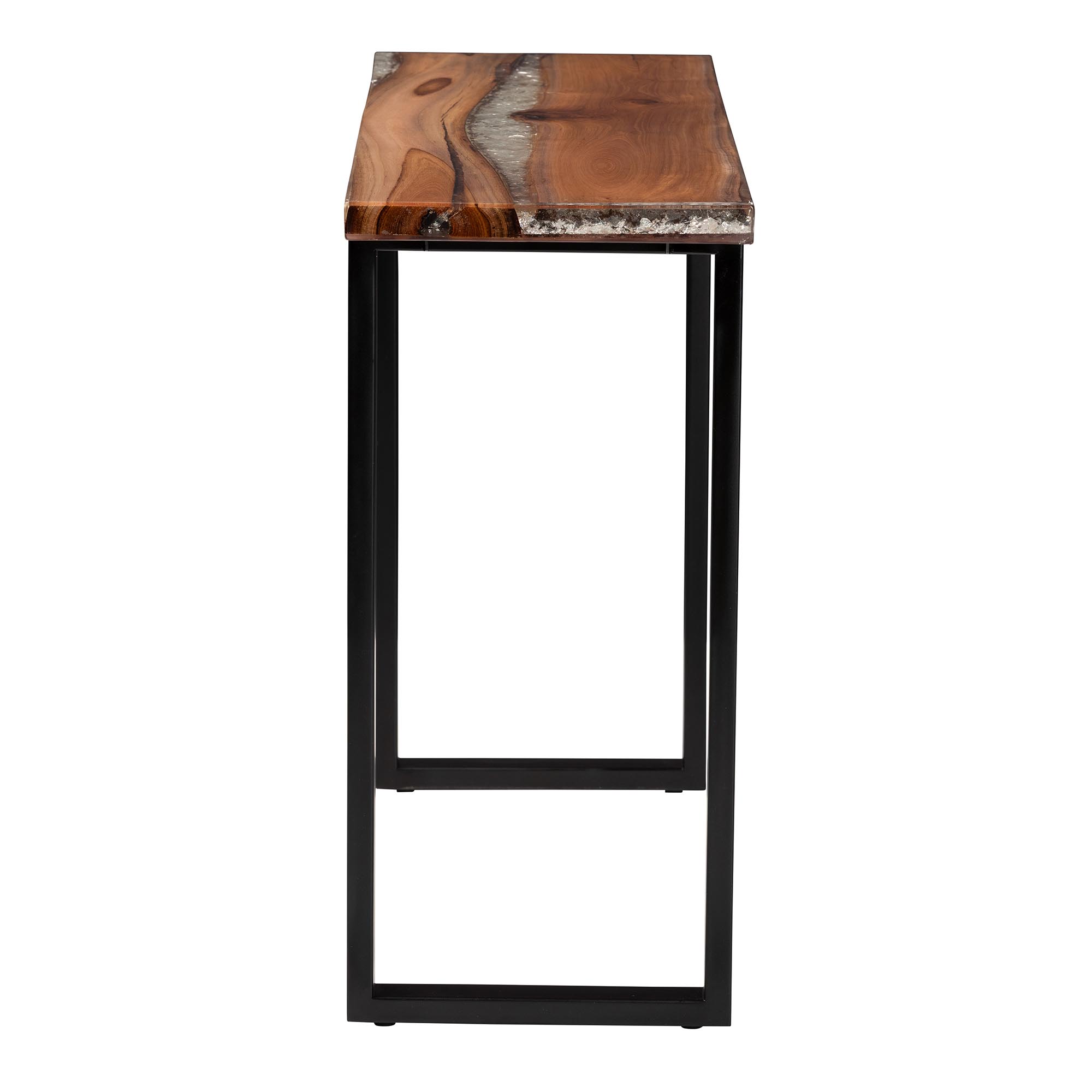 bali & pari Apio Wood Epoxy Resin Console Table with Glass Inlay - Rectangular Live Edge Teak Wood Accent Table with Black Metal Base, Modern Rustic Furniture for Living Room or Entryway
