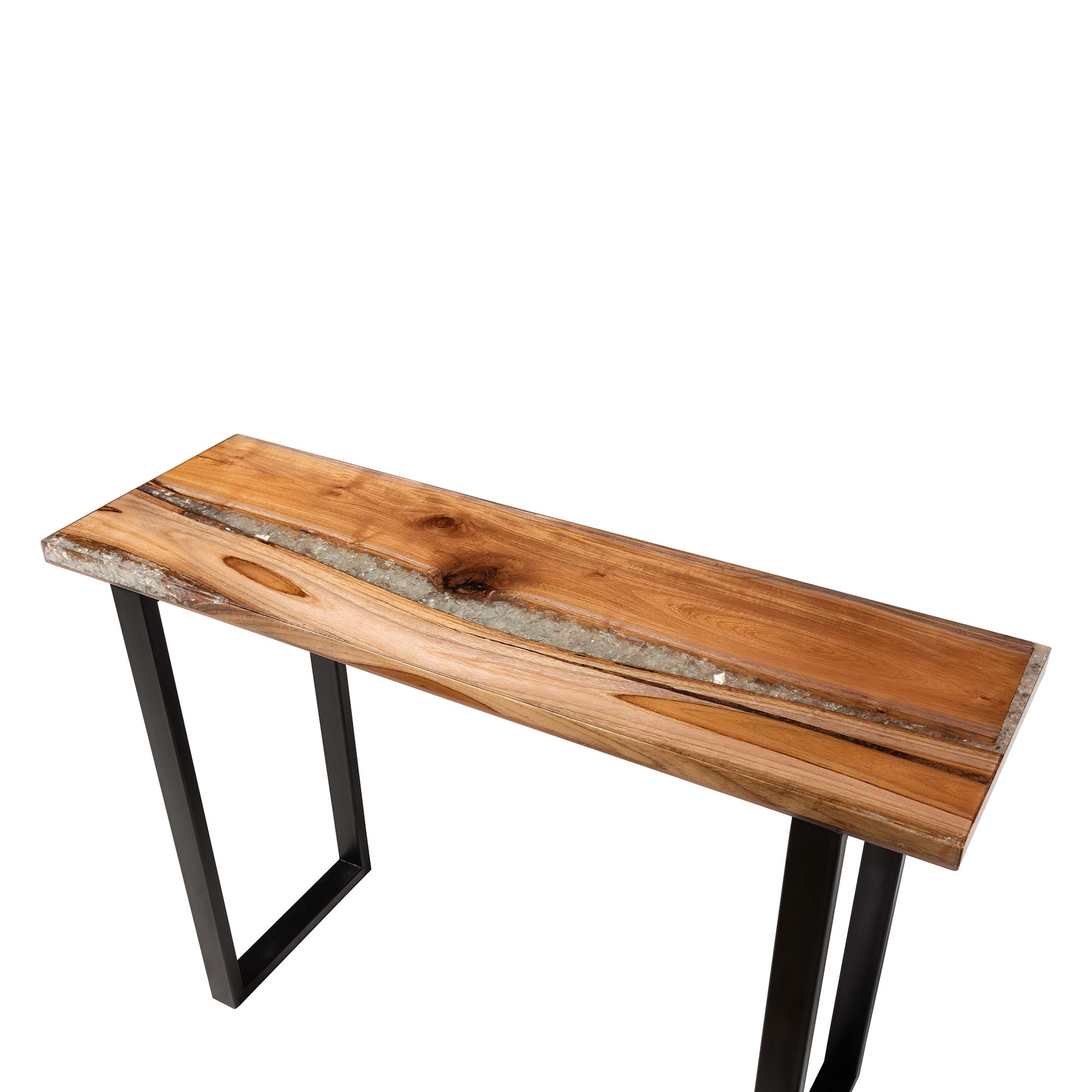 bali & pari Apio Wood Epoxy Resin Console Table with Glass Inlay - Rectangular Live Edge Teak Wood Accent Table with Black Metal Base, Modern Rustic Furniture for Living Room or Entryway