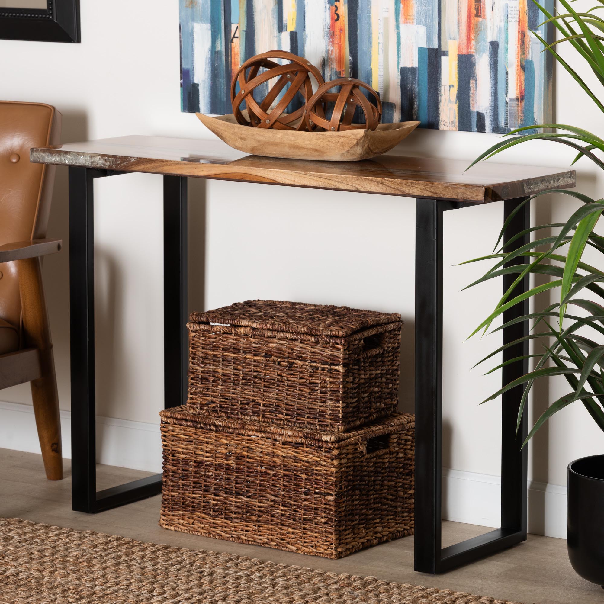 bali & pari Apio Wood Epoxy Resin Console Table with Glass Inlay - Rectangular Live Edge Teak Wood Accent Table with Black Metal Base, Modern Rustic Furniture for Living Room or Entryway