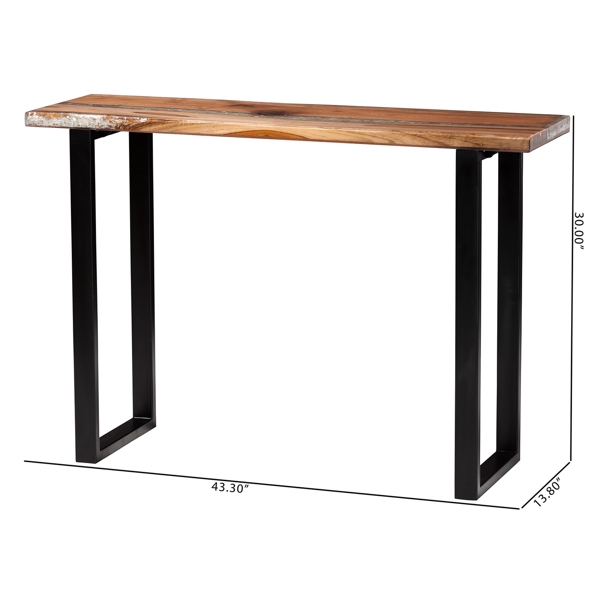 bali & pari Apio Wood Epoxy Resin Console Table with Glass Inlay - Rectangular Live Edge Teak Wood Accent Table with Black Metal Base, Modern Rustic Furniture for Living Room or Entryway