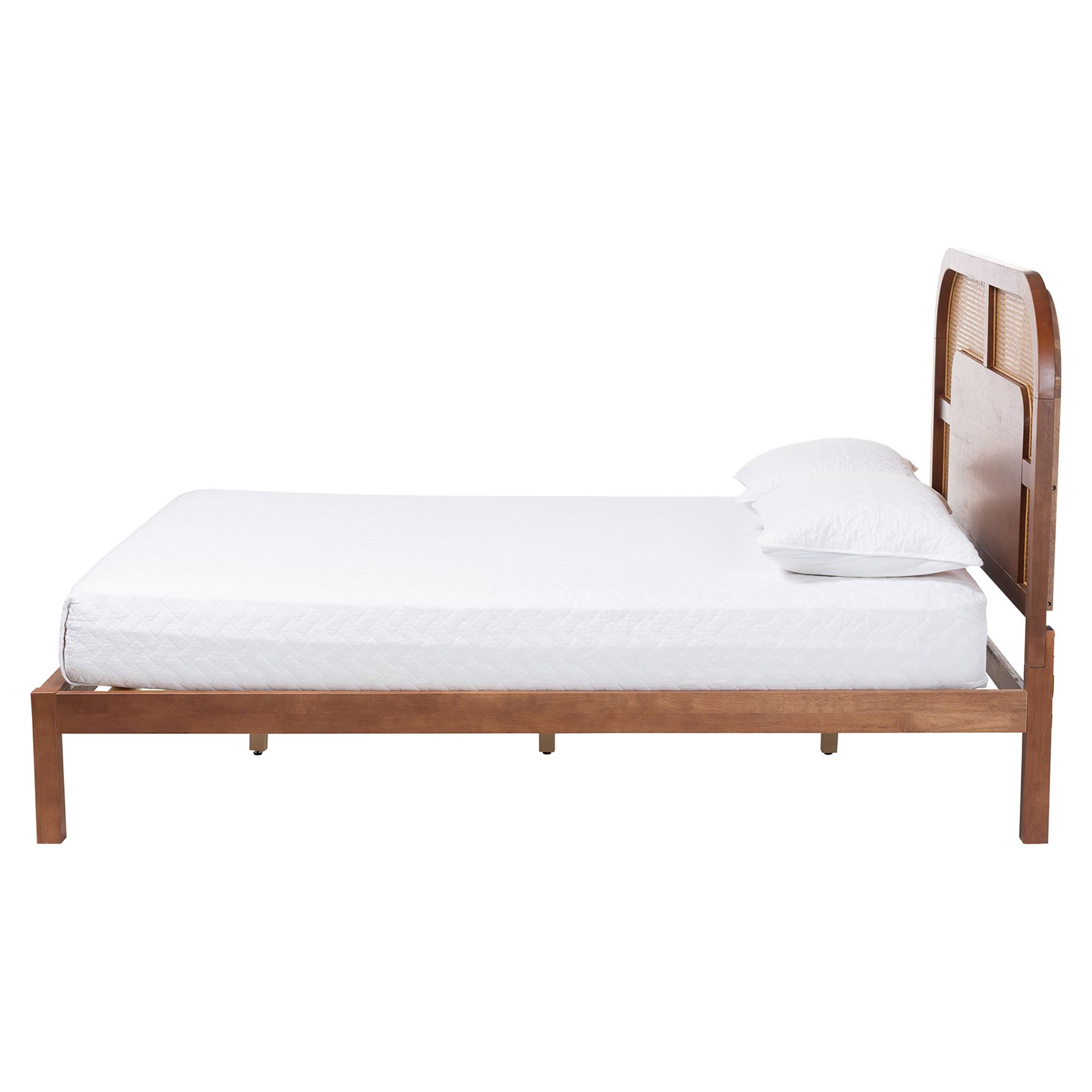 Baxton Studio Raewyn Wood Platform Bed -  Low Profile Bed Frame with Decorative Rattan Weave Inlay and Rounded Headboard, Queen