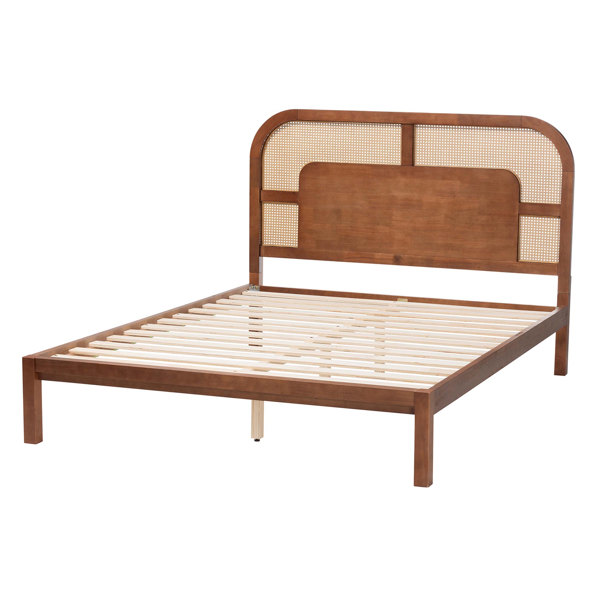 Baxton Studio Raewyn Wood Platform Bed -  Low Profile Bed Frame with Decorative Rattan Weave Inlay and Rounded Headboard, Queen