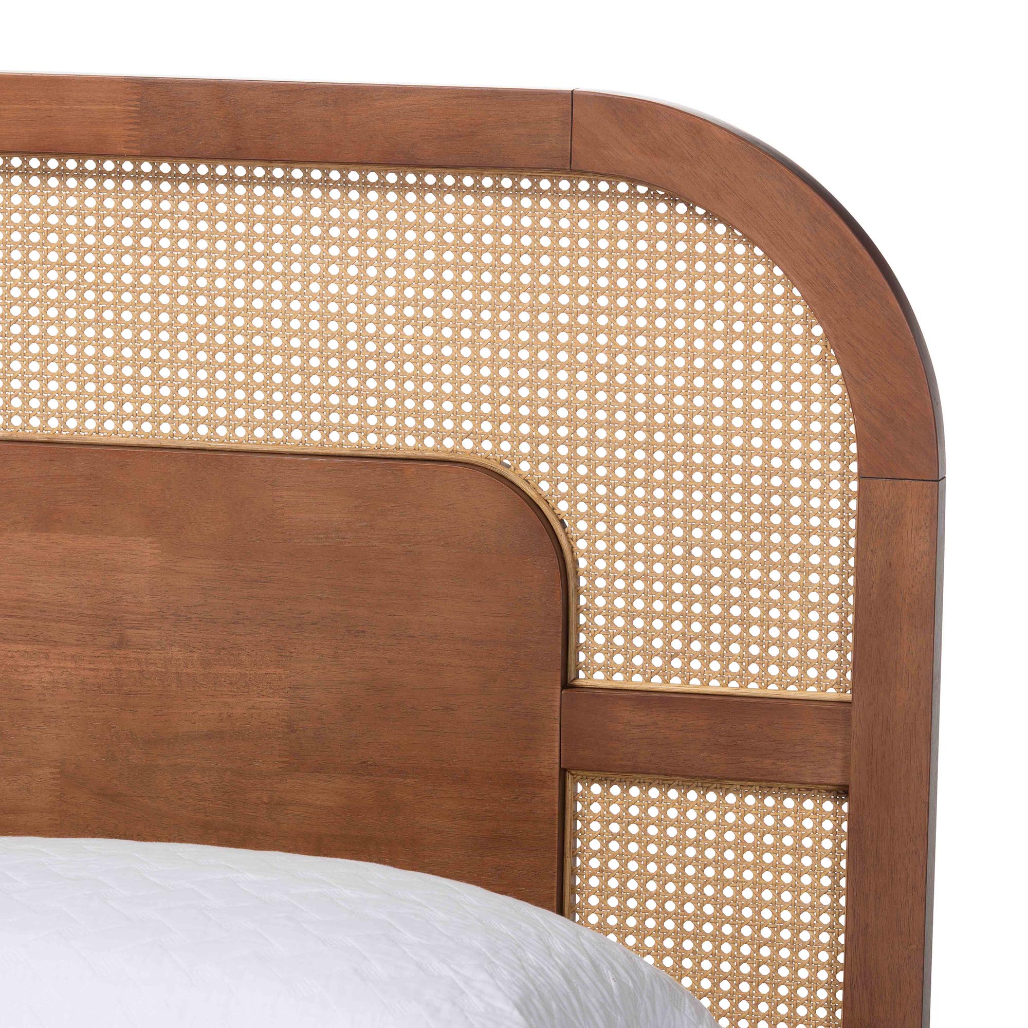 Baxton Studio Raewyn Wood Platform Bed -  Low Profile Bed Frame with Decorative Rattan Weave Inlay and Rounded Headboard, Queen