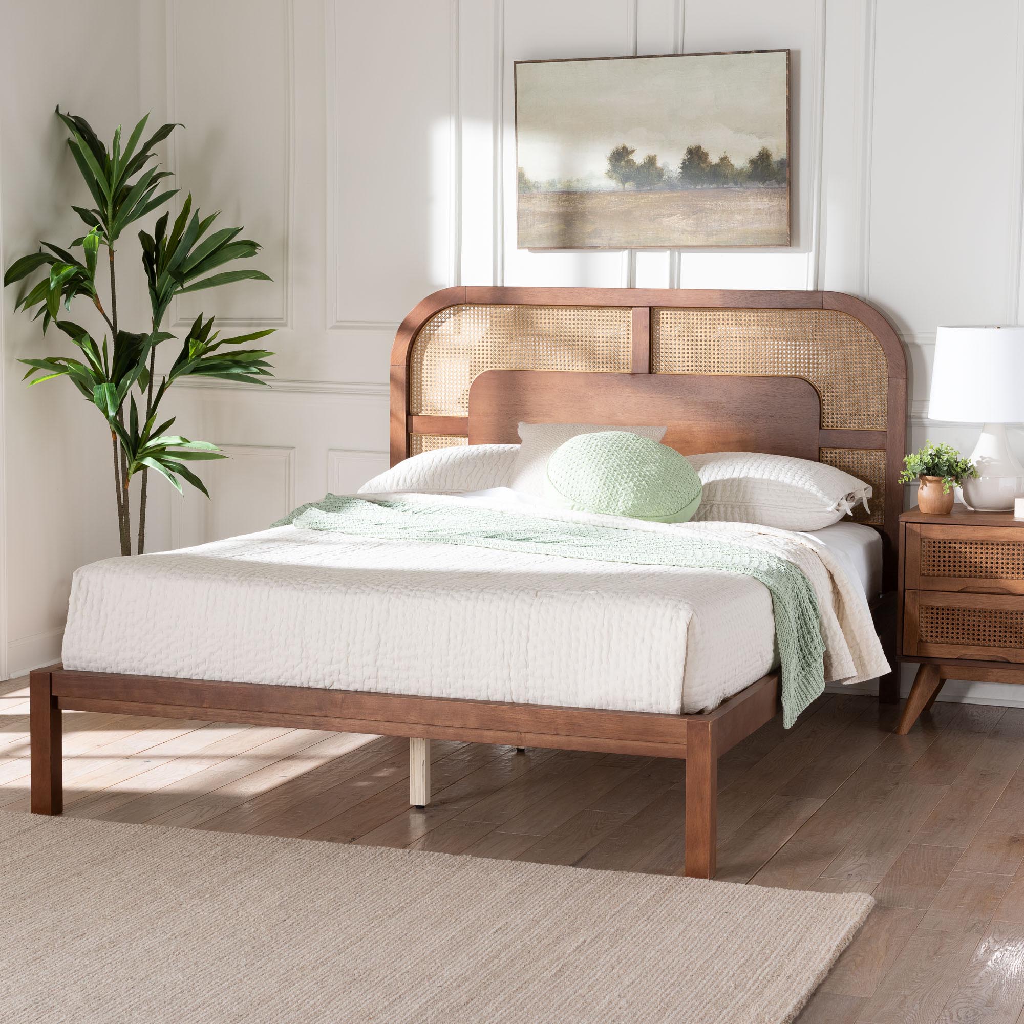 Baxton Studio Raewyn Wood Platform Bed -  Low Profile Bed Frame with Decorative Rattan Weave Inlay and Rounded Headboard, Queen
