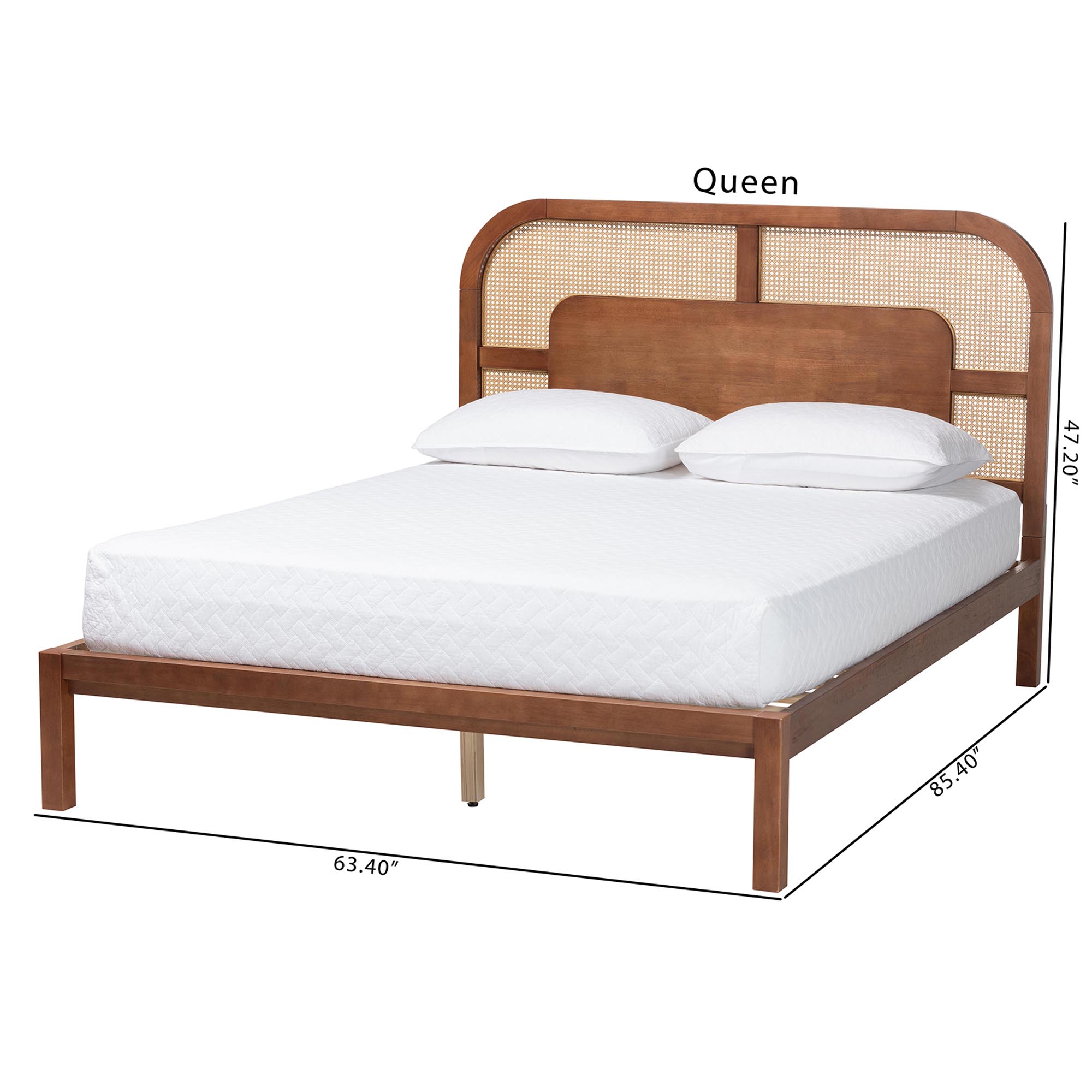 Baxton Studio Raewyn Wood Platform Bed -  Low Profile Bed Frame with Decorative Rattan Weave Inlay and Rounded Headboard, Queen