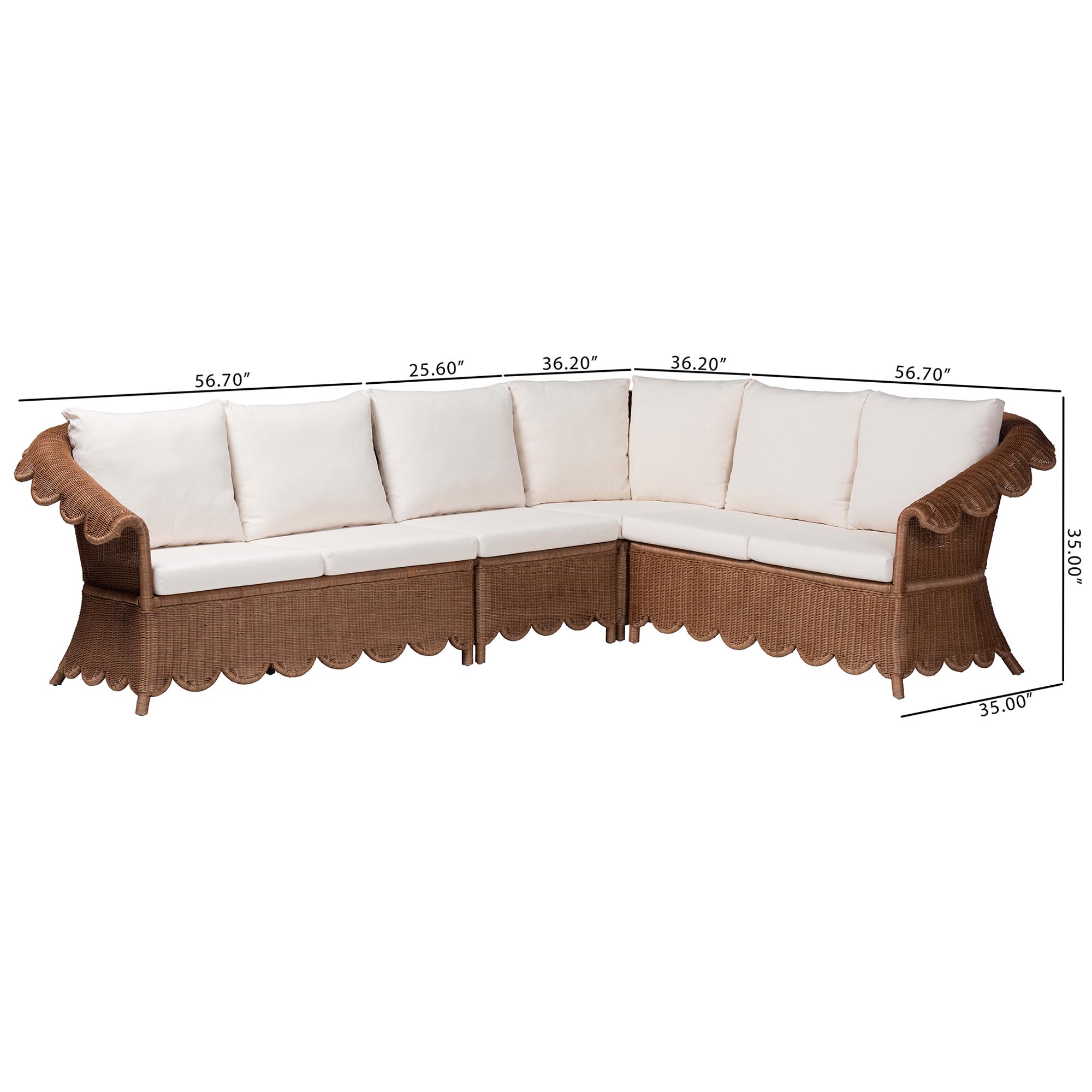 bali & pari Detta Natural Rattan 4-Piece Sectional Set - Handwoven Wicker Corner Lounge Seating with Scalloped Skirt Base and Rolled Arms, Boho Coastal Style for Sunroom or Living Room