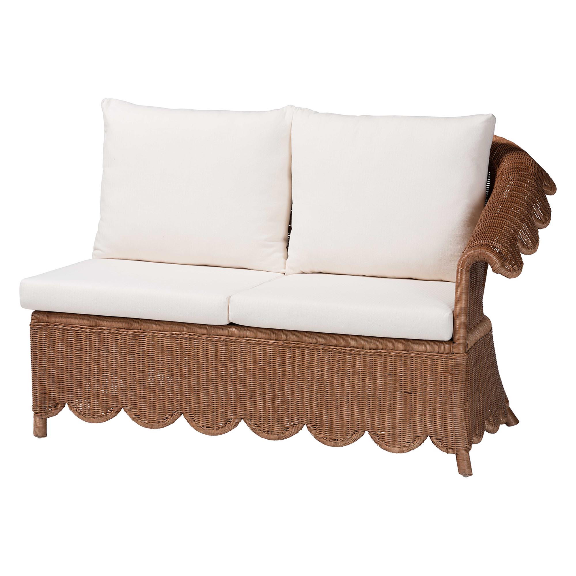 bali & pari Detta Natural Rattan 4-Piece Sectional Set - Handwoven Wicker Corner Lounge Seating with Scalloped Skirt Base and Rolled Arms, Boho Coastal Style for Sunroom or Living Room
