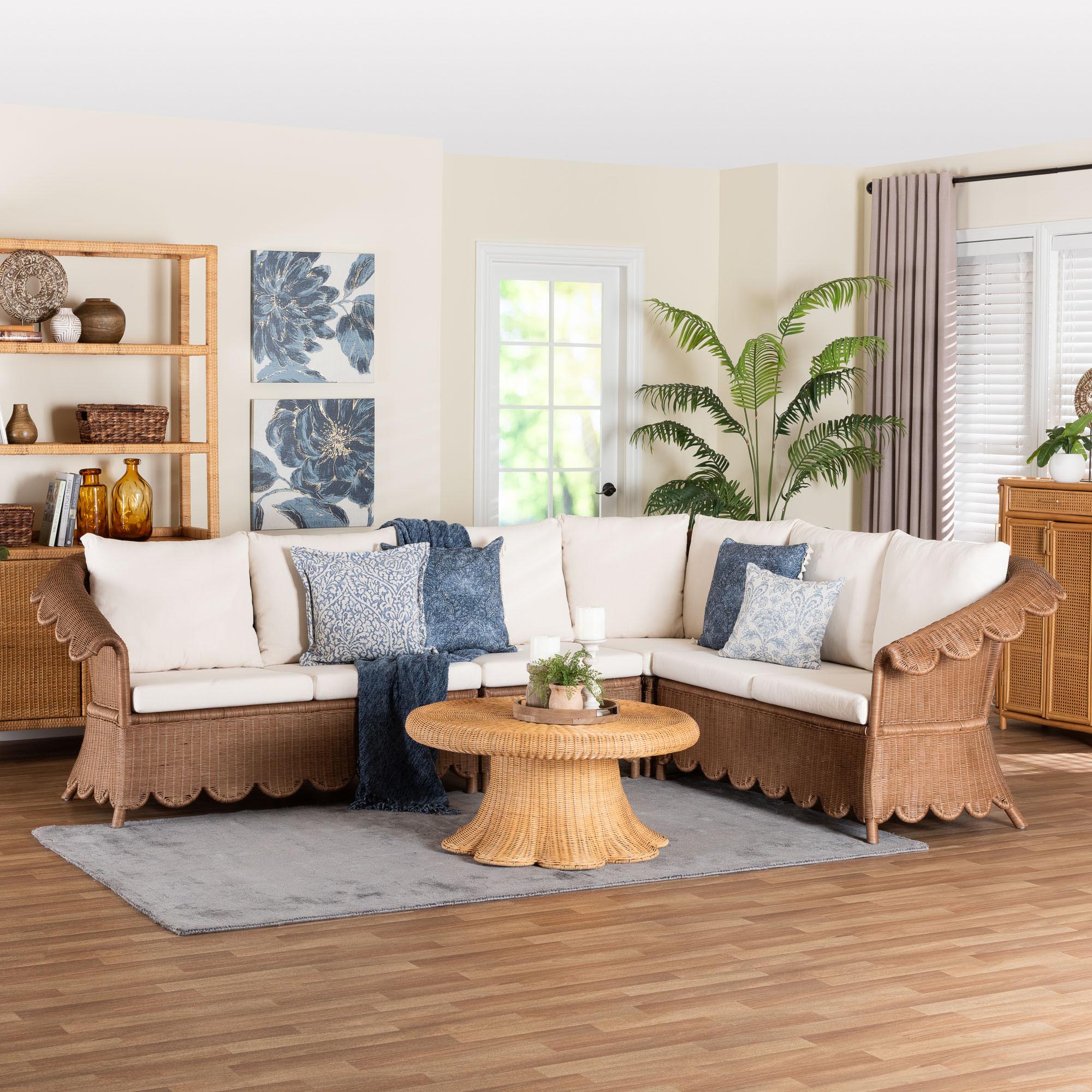 bali & pari Detta Natural Rattan 4-Piece Sectional Set - Handwoven Wicker Corner Lounge Seating with Scalloped Skirt Base and Rolled Arms, Boho Coastal Style for Sunroom or Living Room