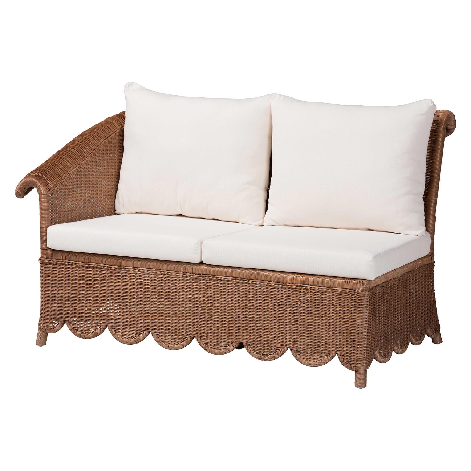 bali & pari Detta Natural Rattan 3-Piece Sectional Set - Handwoven Wicker Corner Lounge Seating with Scalloped Skirt Base and Rolled Arms, Boho Coastal Style for Sunroom or Living Room