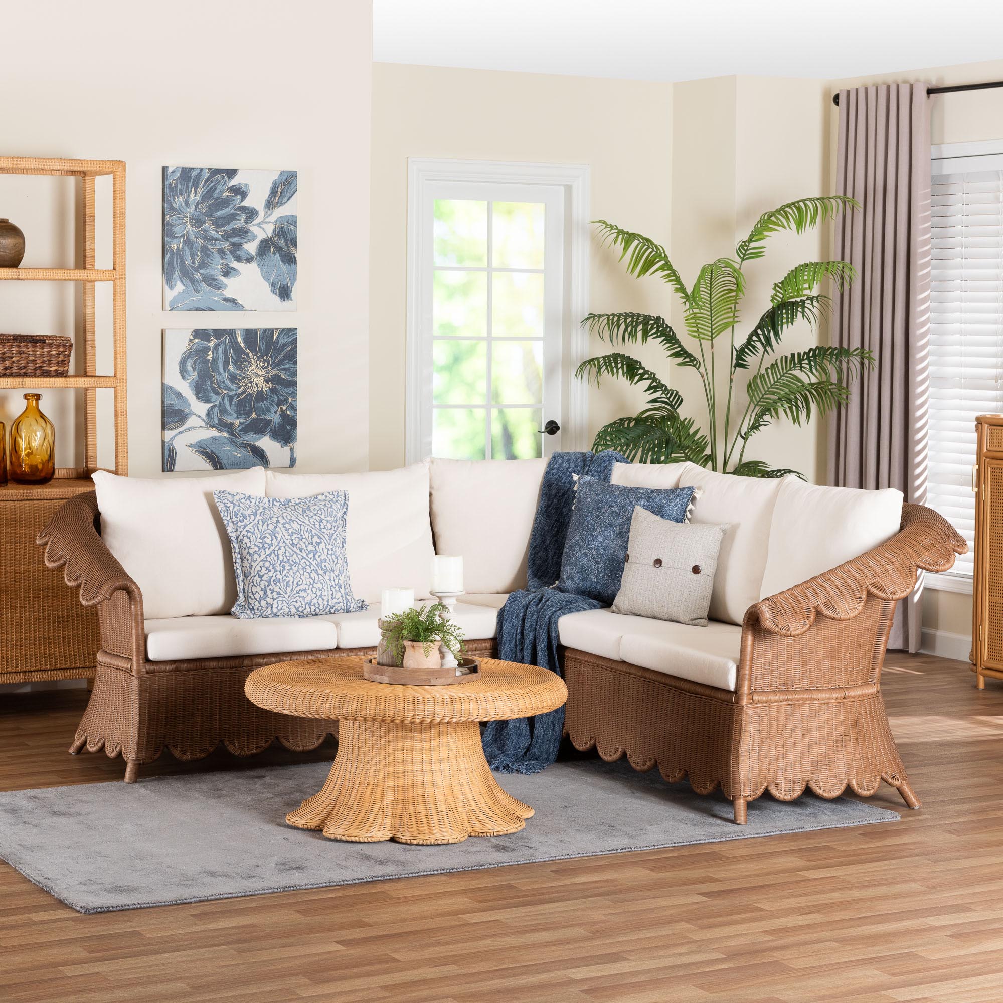 bali & pari Detta Natural Rattan 3-Piece Sectional Set - Handwoven Wicker Corner Lounge Seating with Scalloped Skirt Base and Rolled Arms, Boho Coastal Style for Sunroom or Living Room