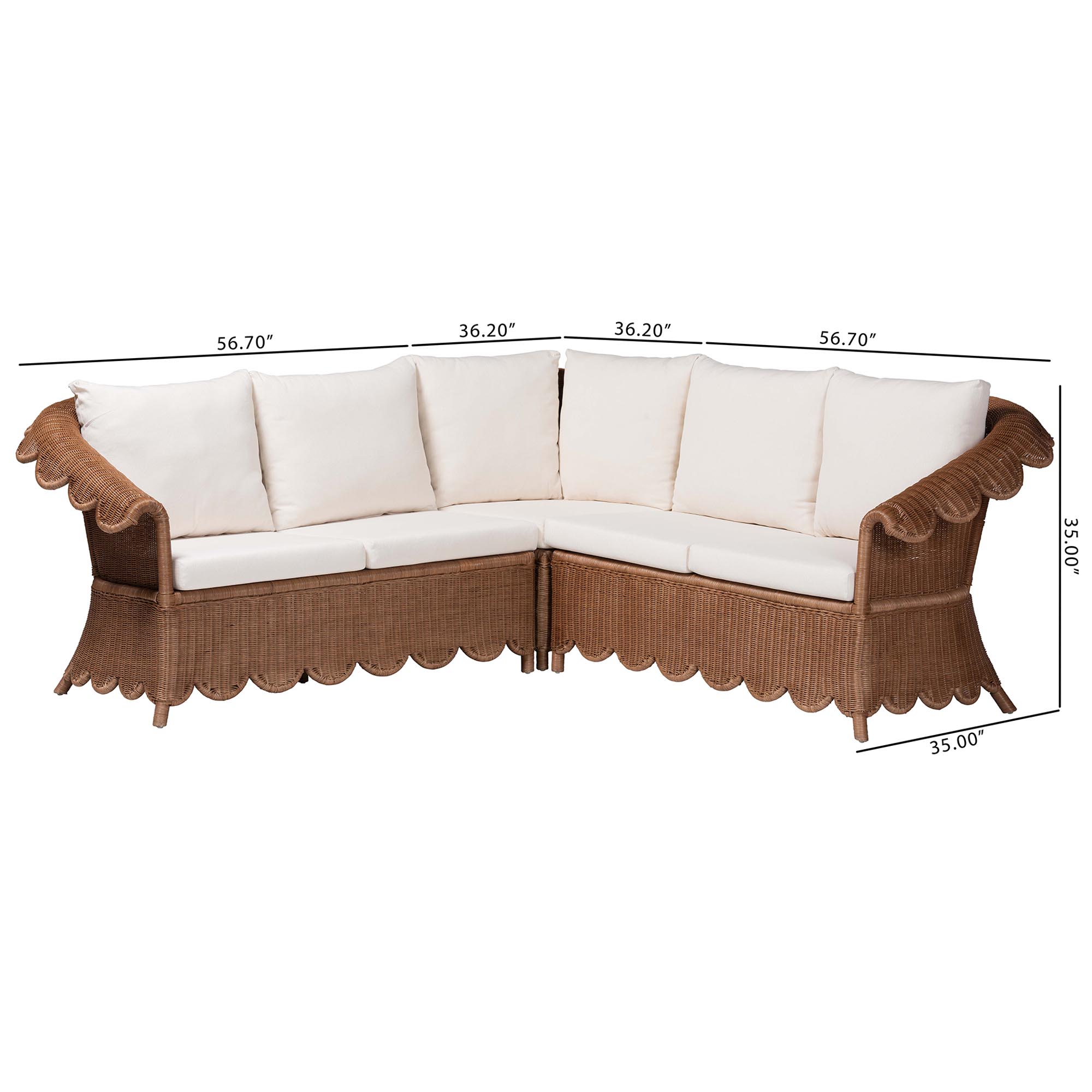 bali & pari Detta Natural Rattan 3-Piece Sectional Set - Handwoven Wicker Corner Lounge Seating with Scalloped Skirt Base and Rolled Arms, Boho Coastal Style for Sunroom or Living Room