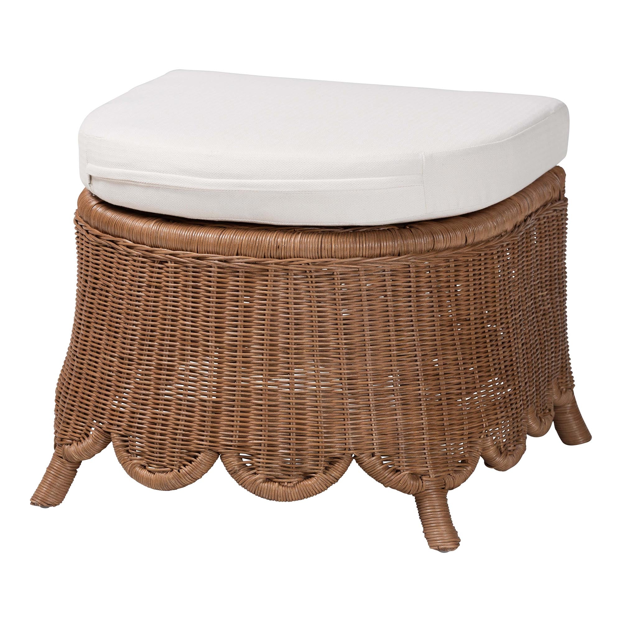 bali & pari Detta Natural Rattan Armchair and Ottoman Set - 2-Piece Handwoven Wicker Lounge Seating with Scalloped Skirt Base and Rolled Arms, Boho Coastal Style for Sunroom or Living Room