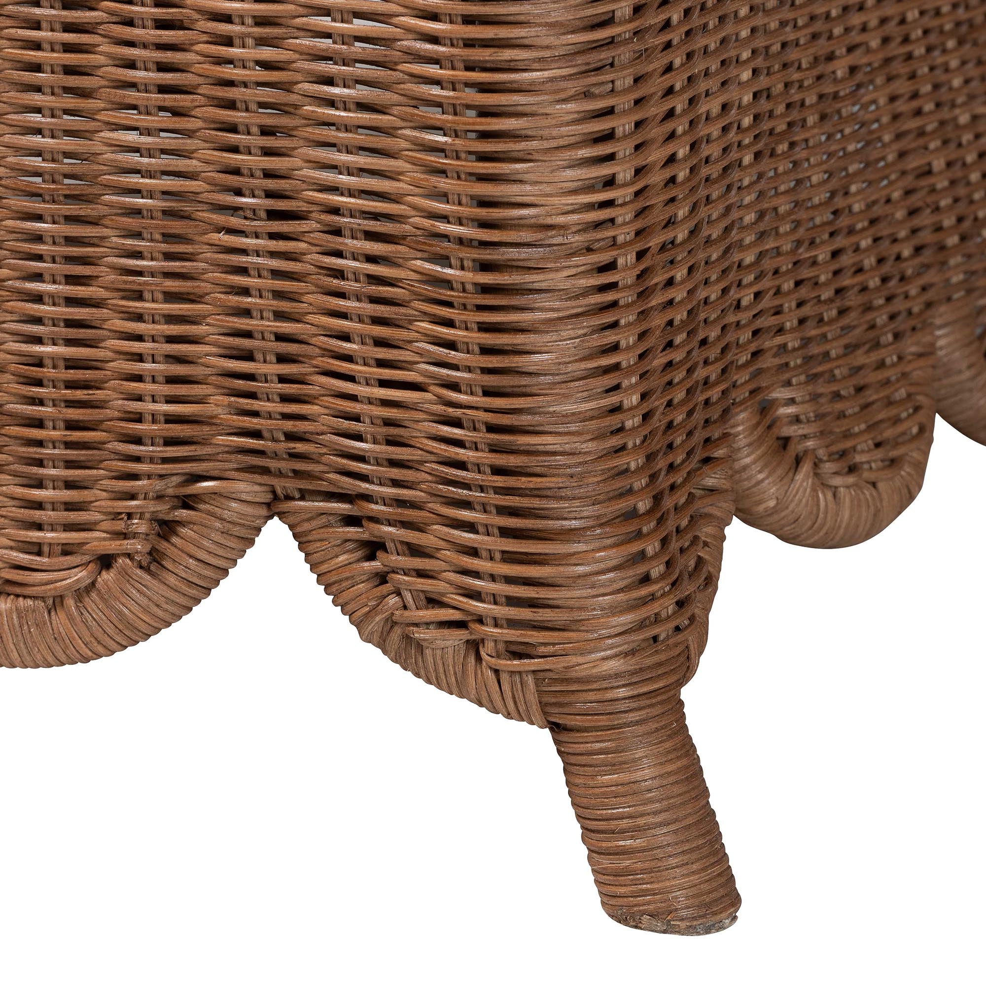 bali & pari Detta Natural Rattan Armchair and Ottoman Set - 2-Piece Handwoven Wicker Lounge Seating with Scalloped Skirt Base and Rolled Arms, Boho Coastal Style for Sunroom or Living Room