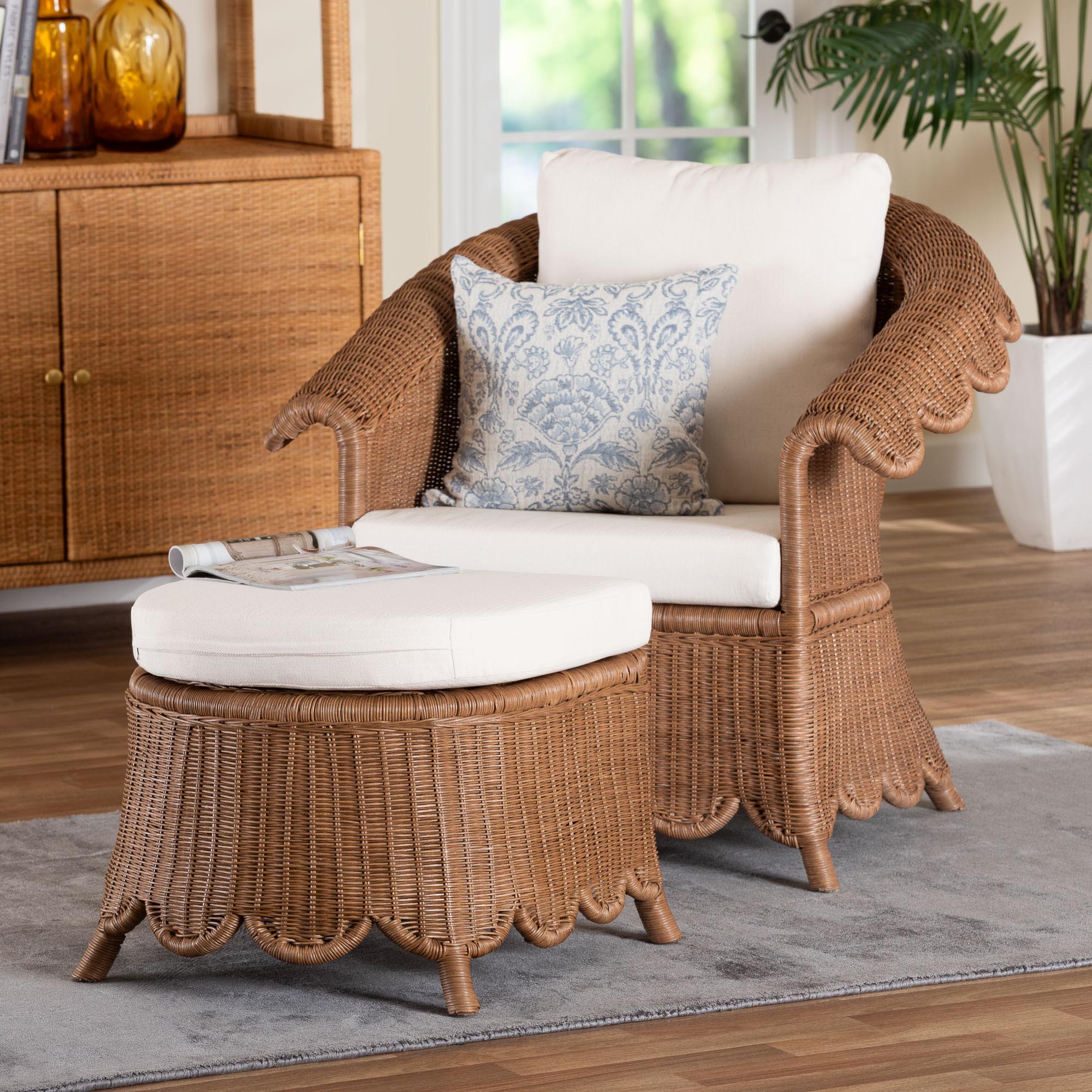 bali & pari Detta Natural Rattan Armchair and Ottoman Set - 2-Piece Handwoven Wicker Lounge Seating with Scalloped Skirt Base and Rolled Arms, Boho Coastal Style for Sunroom or Living Room