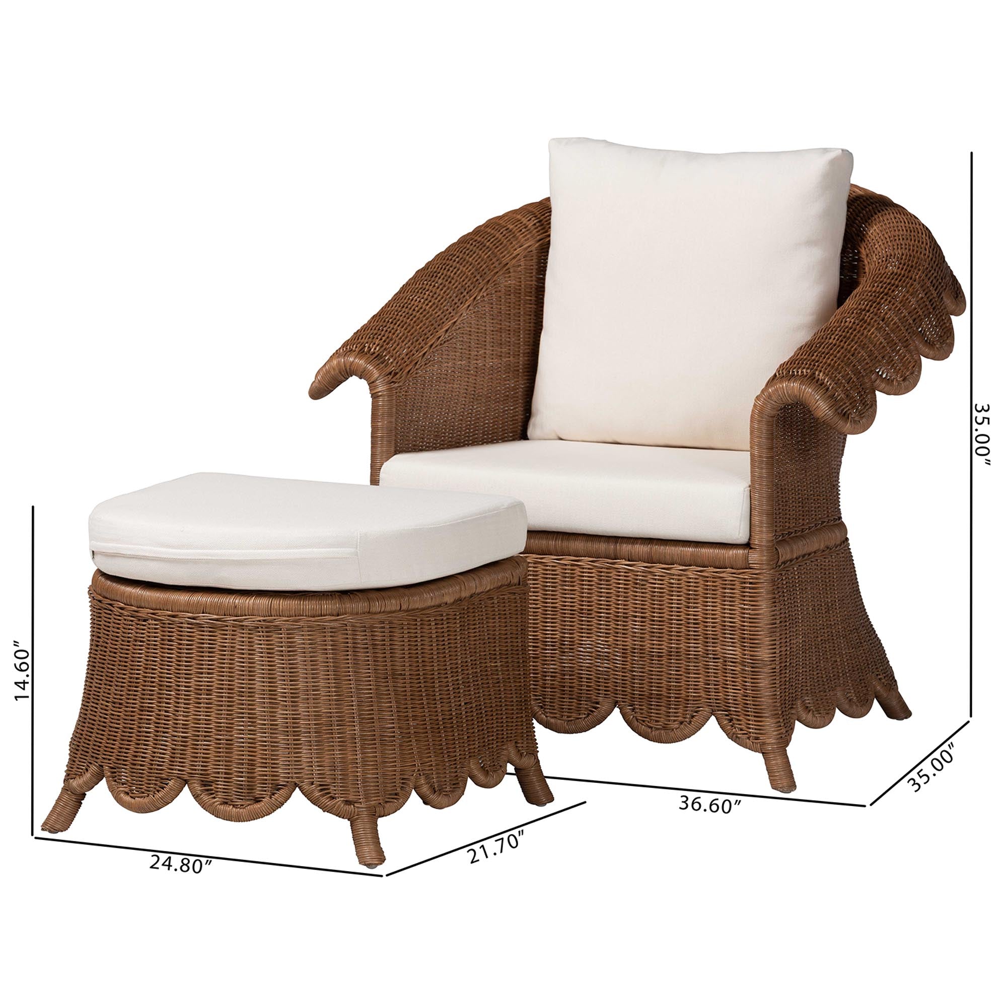 bali & pari Detta Natural Rattan Armchair and Ottoman Set - 2-Piece Handwoven Wicker Lounge Seating with Scalloped Skirt Base and Rolled Arms, Boho Coastal Style for Sunroom or Living Room