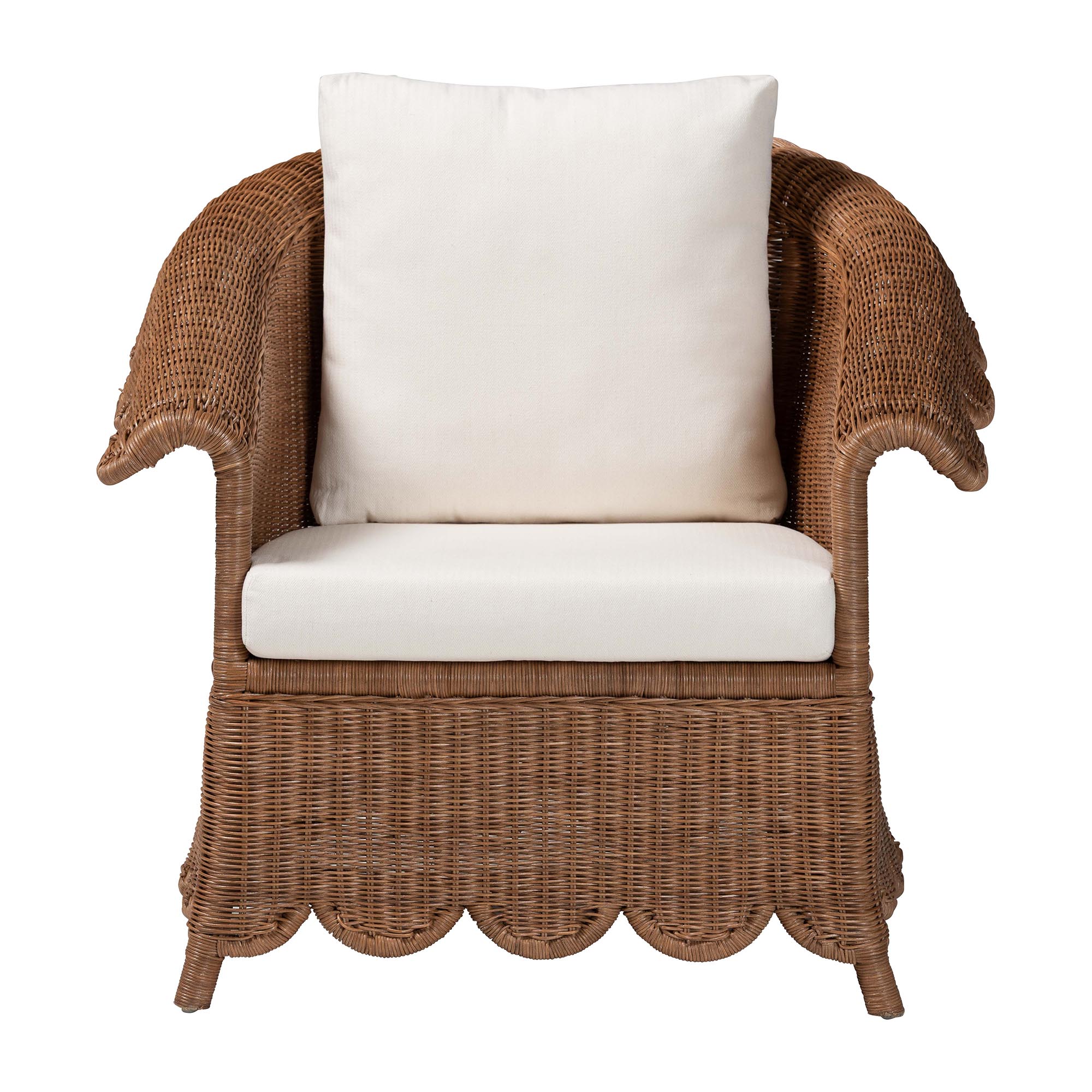 bali & pari Detta Natural Rattan Armchair - Handwoven Wicker Chair with Rolled Arms and Scalloped Skirt Base, Boho Coastal Style for Lounge or Sunroom