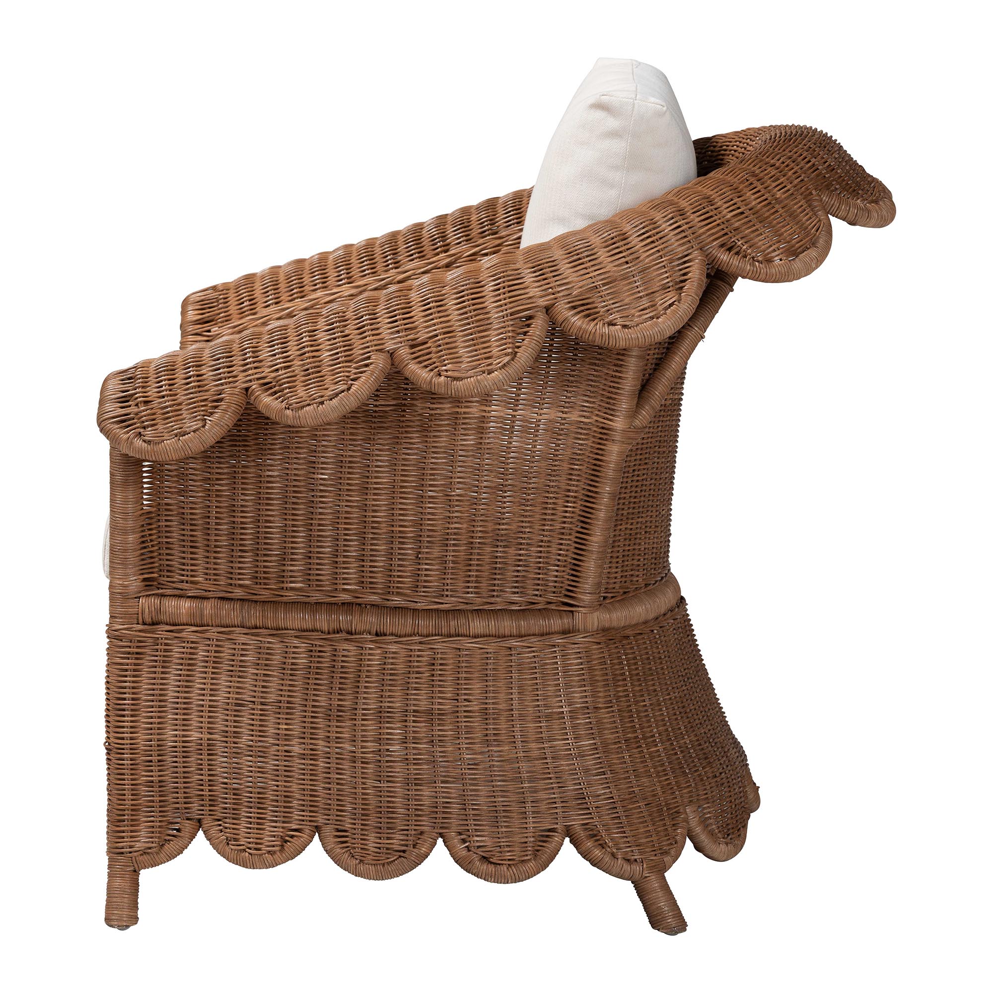 bali & pari Detta Natural Rattan Armchair - Handwoven Wicker Chair with Rolled Arms and Scalloped Skirt Base, Boho Coastal Style for Lounge or Sunroom