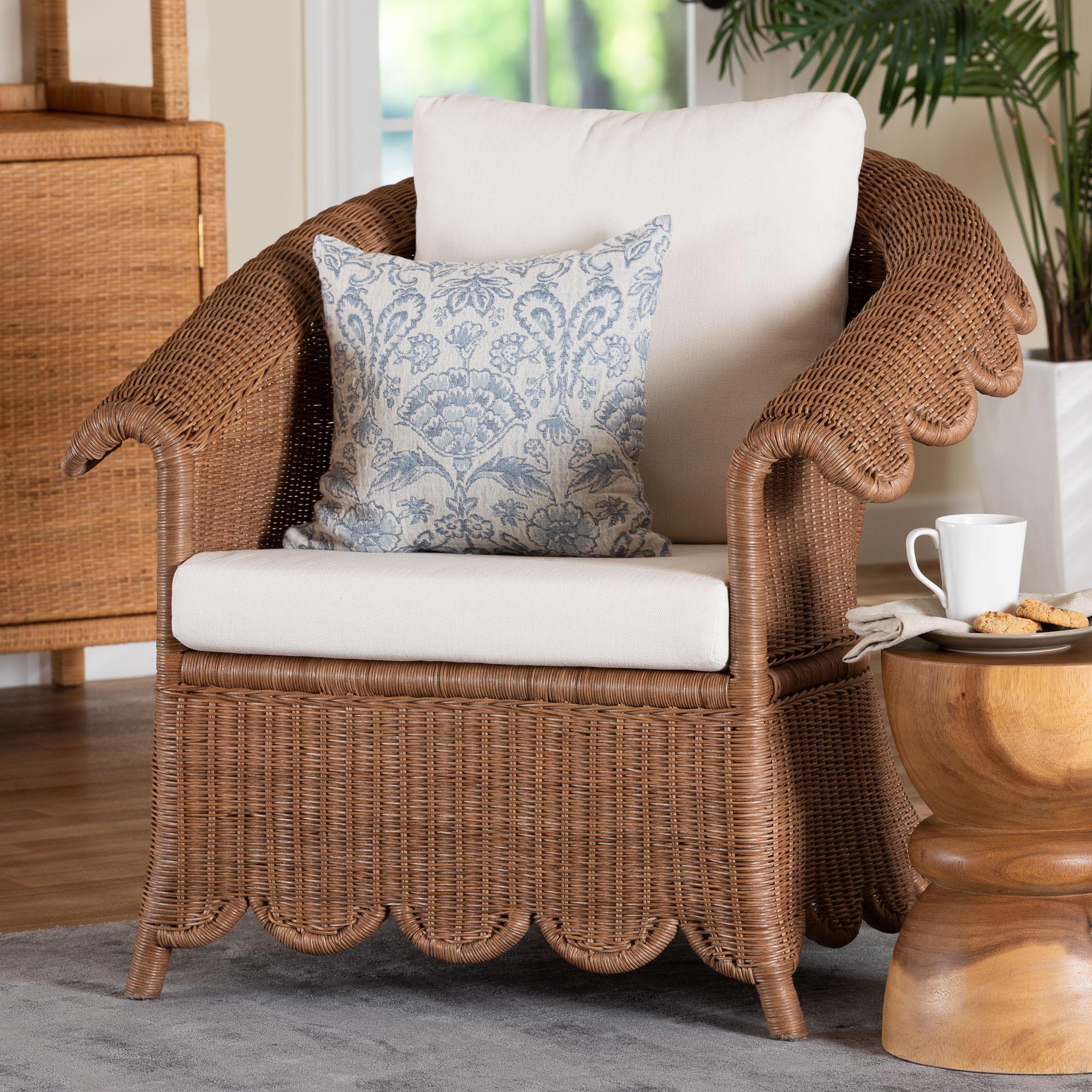 bali & pari Detta Natural Rattan Armchair - Handwoven Wicker Chair with Rolled Arms and Scalloped Skirt Base, Boho Coastal Style for Lounge or Sunroom
