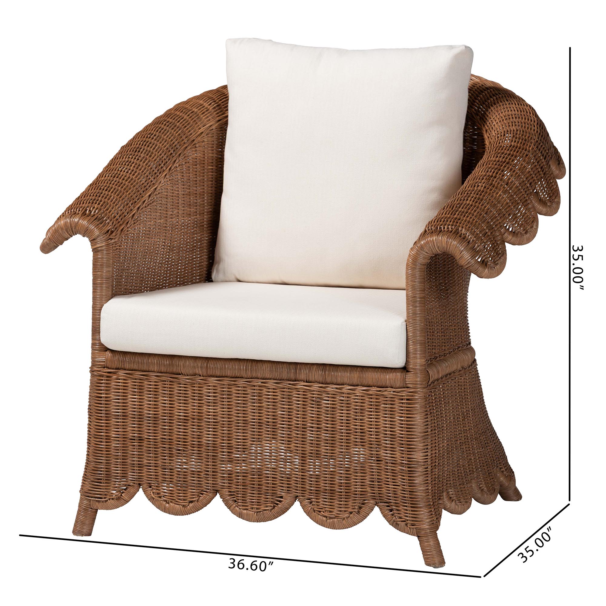 bali & pari Detta Natural Rattan Armchair - Handwoven Wicker Chair with Rolled Arms and Scalloped Skirt Base, Boho Coastal Style for Lounge or Sunroom