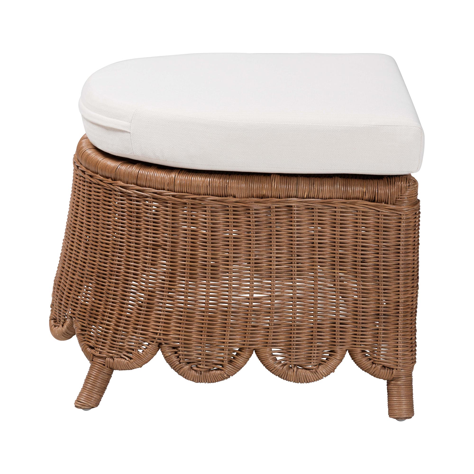 bali & pari Detta Natural Rattan Footstool with Cushion - Handwoven Wicker Ottoman with Scalloped Skirt Base for Coastal Lounge or Sunroom Seating