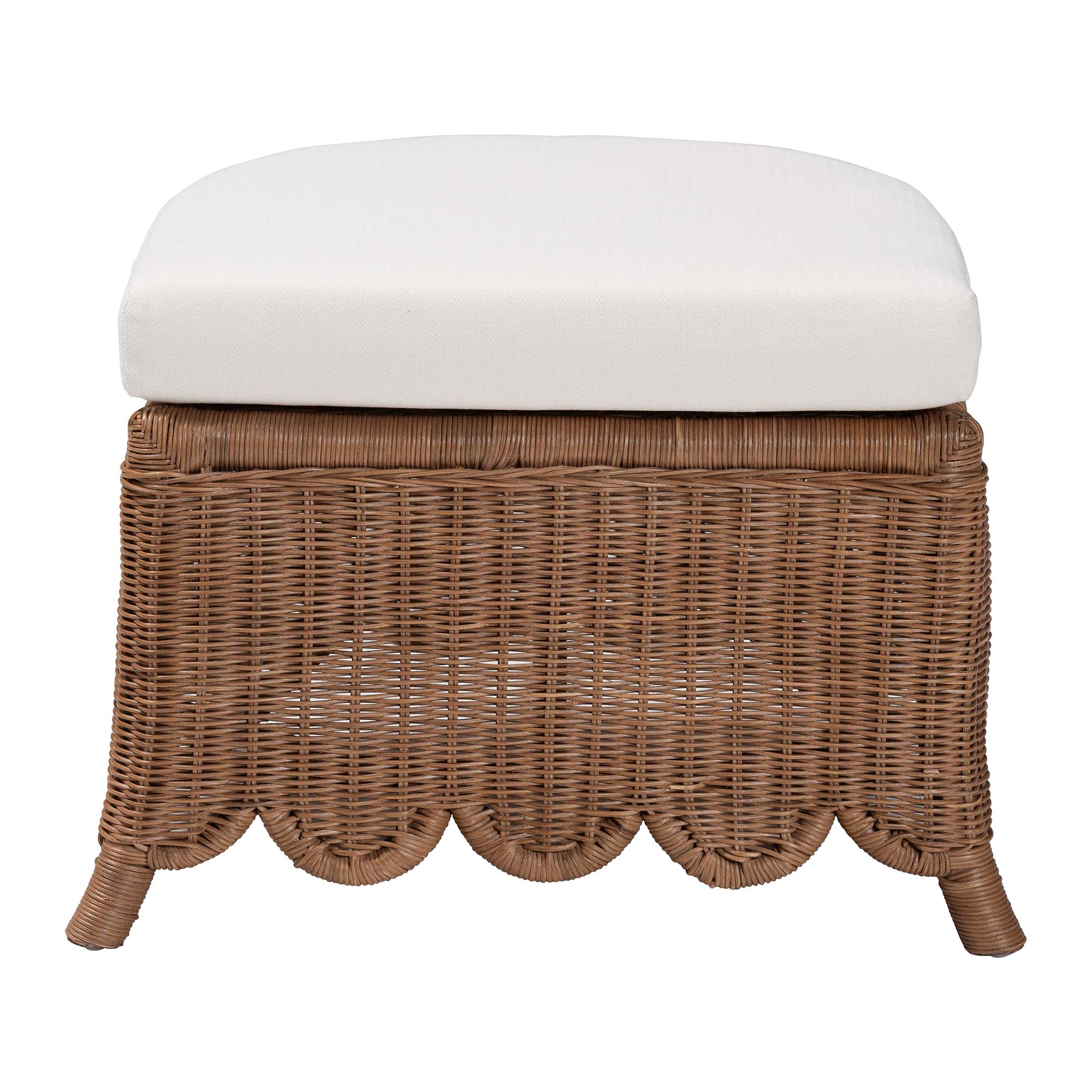 bali & pari Detta Natural Rattan Footstool with Cushion - Handwoven Wicker Ottoman with Scalloped Skirt Base for Coastal Lounge or Sunroom Seating