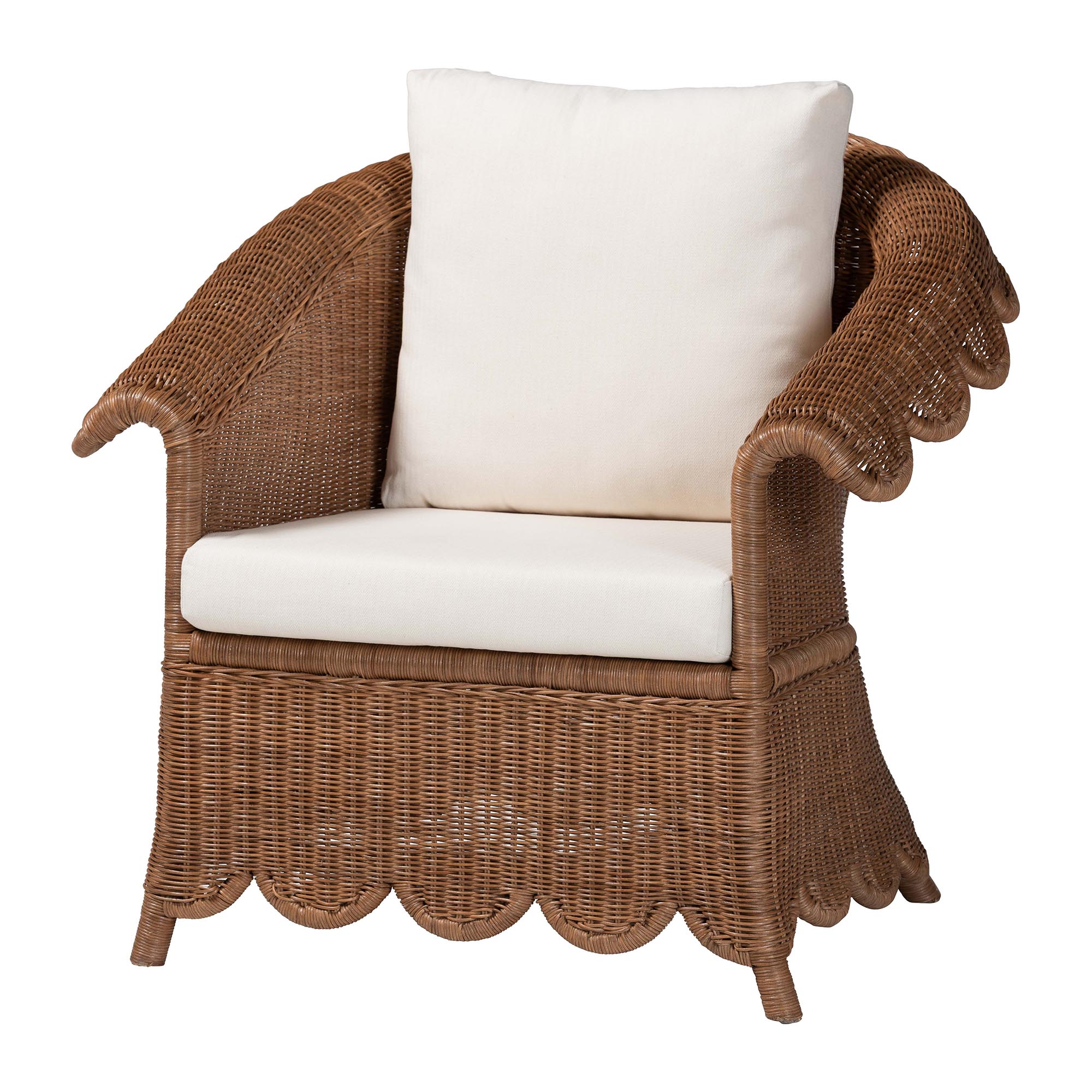 bali & pari Detta Natural Rattan 3-Piece Living Room Set - Handwoven Wicker Lounge Seating with Scalloped Skirt Base and Rolled Arms, Boho Coastal Style for Sunroom or Living Room