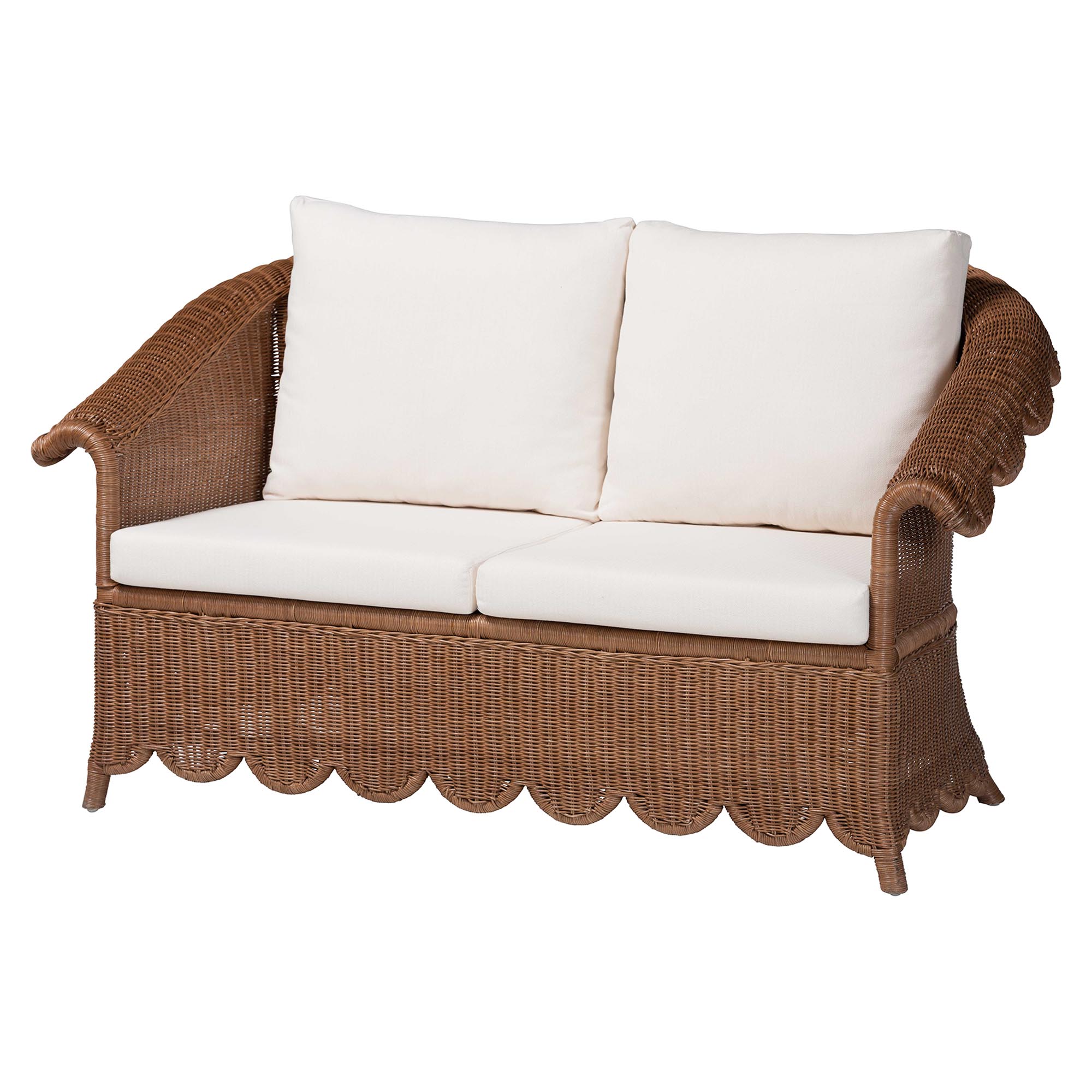 bali & pari Detta Natural Rattan 3-Piece Living Room Set - Handwoven Wicker Lounge Seating with Scalloped Skirt Base and Rolled Arms, Boho Coastal Style for Sunroom or Living Room