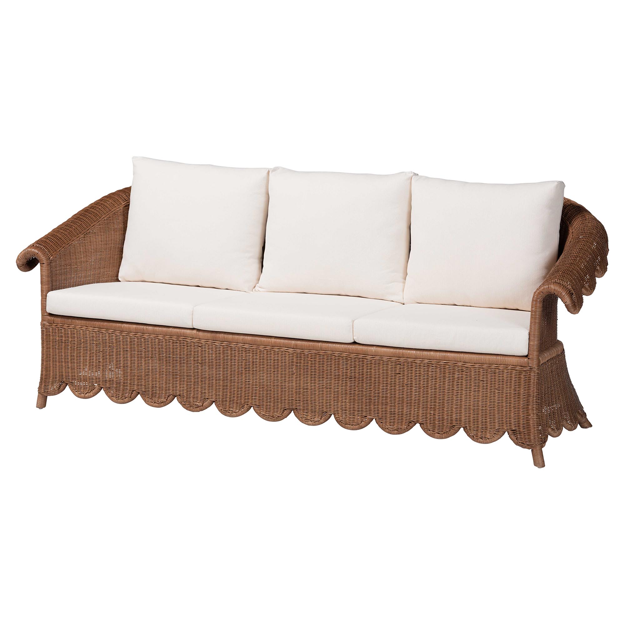 bali & pari Detta Natural Rattan 3-Piece Living Room Set - Handwoven Wicker Lounge Seating with Scalloped Skirt Base and Rolled Arms, Boho Coastal Style for Sunroom or Living Room