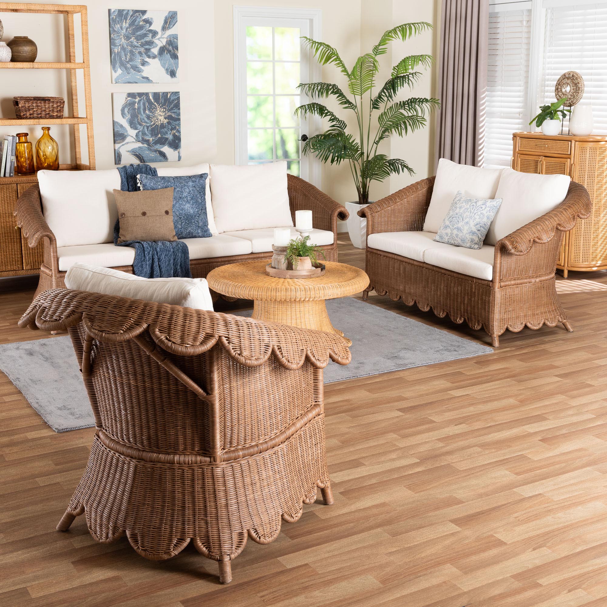 bali & pari Detta Natural Rattan 3-Piece Living Room Set - Handwoven Wicker Lounge Seating with Scalloped Skirt Base and Rolled Arms, Boho Coastal Style for Sunroom or Living Room