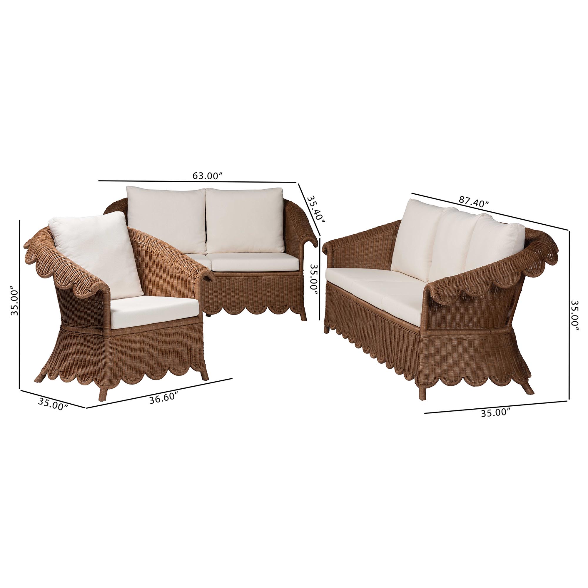 bali & pari Detta Natural Rattan 3-Piece Living Room Set - Handwoven Wicker Lounge Seating with Scalloped Skirt Base and Rolled Arms, Boho Coastal Style for Sunroom or Living Room