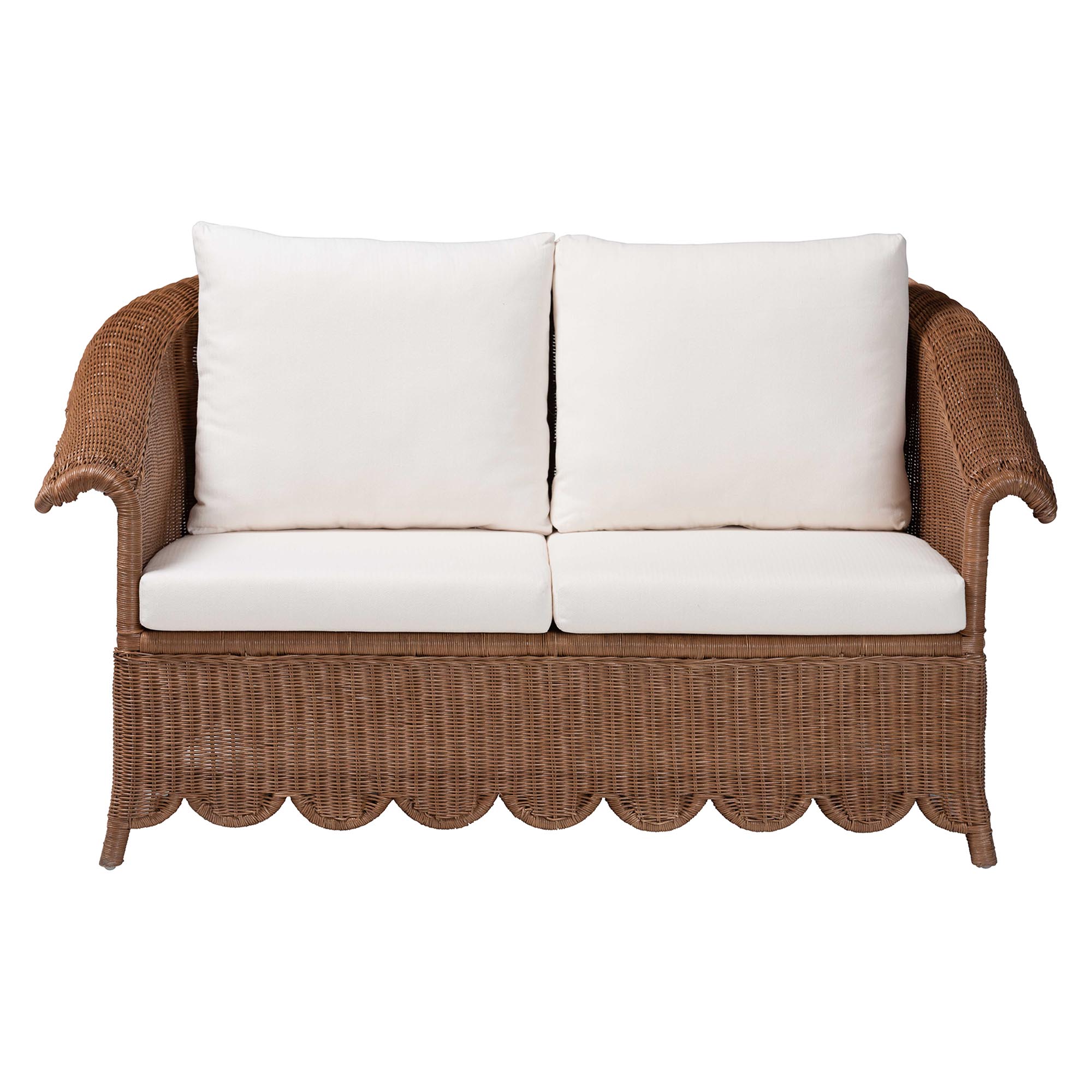 bali & pari Detta Natural Rattan Loveseat with Cushion - Handwoven Wicker Settee with Rolled Arms and Scalloped Skirt Base, Boho Coastal Style for Sunroom or Lounge