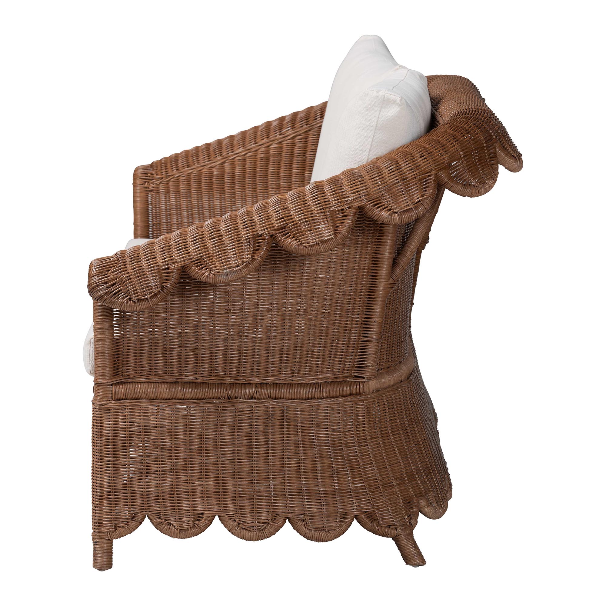 bali & pari Detta Natural Rattan Loveseat with Cushion - Handwoven Wicker Settee with Rolled Arms and Scalloped Skirt Base, Boho Coastal Style for Sunroom or Lounge