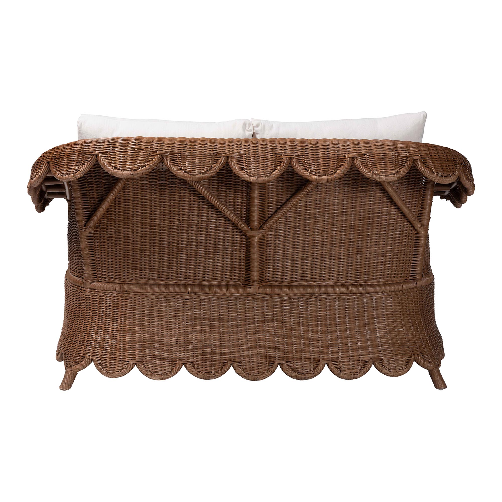 bali & pari Detta Natural Rattan Loveseat with Cushion - Handwoven Wicker Settee with Rolled Arms and Scalloped Skirt Base, Boho Coastal Style for Sunroom or Lounge