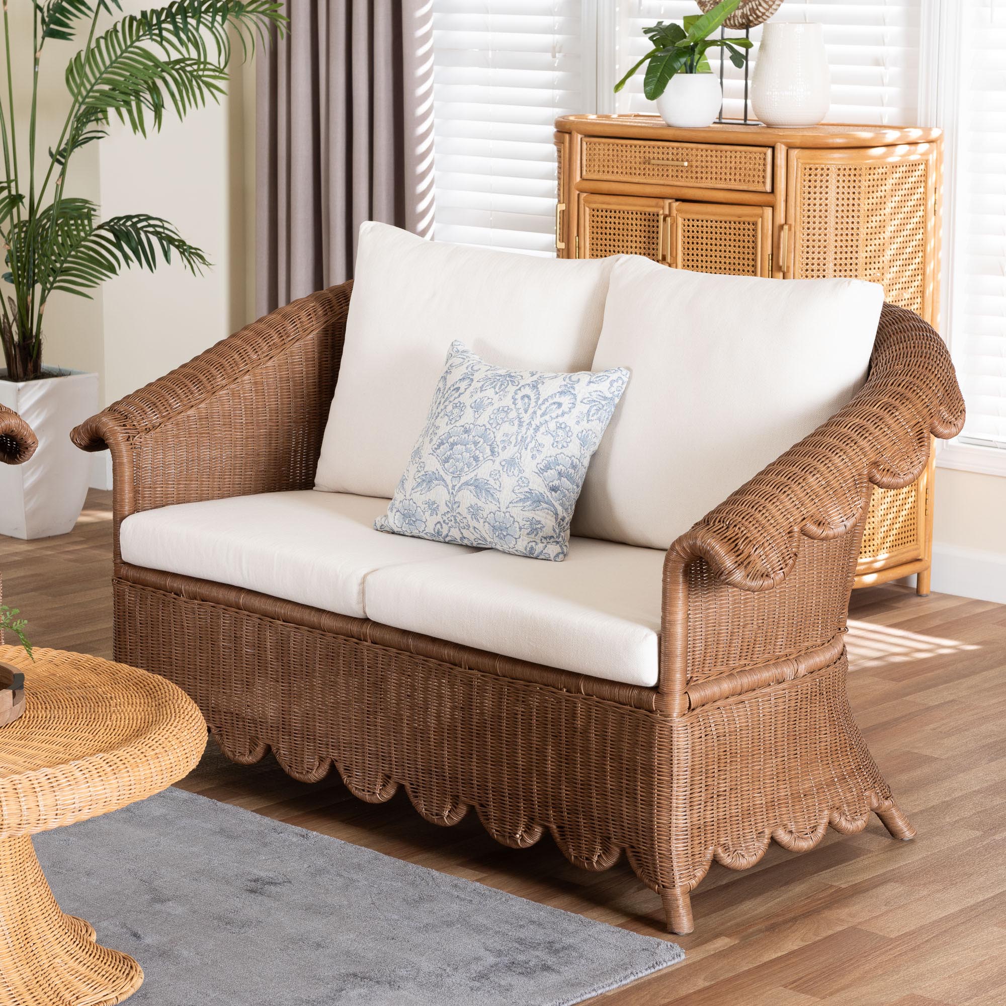 bali & pari Detta Natural Rattan Loveseat with Cushion - Handwoven Wicker Settee with Rolled Arms and Scalloped Skirt Base, Boho Coastal Style for Sunroom or Lounge