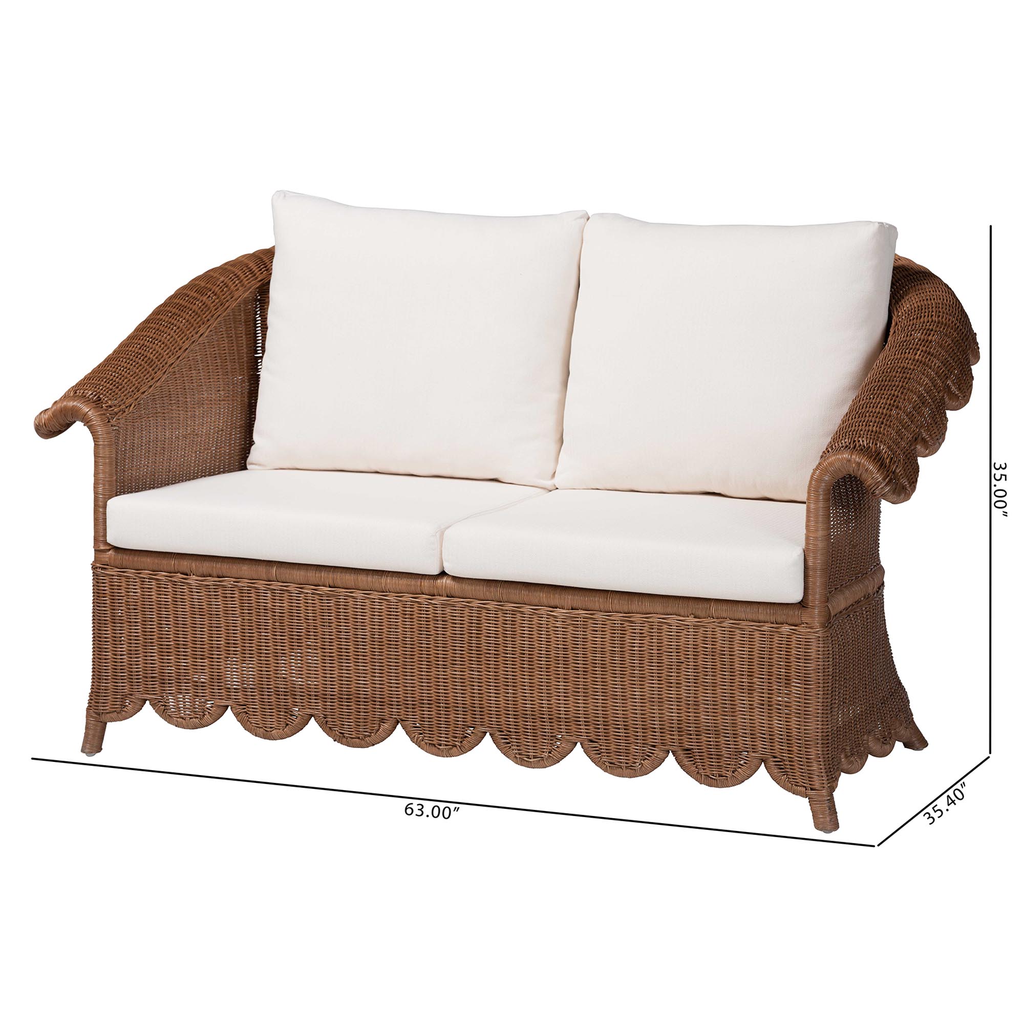 bali & pari Detta Natural Rattan Loveseat with Cushion - Handwoven Wicker Settee with Rolled Arms and Scalloped Skirt Base, Boho Coastal Style for Sunroom or Lounge