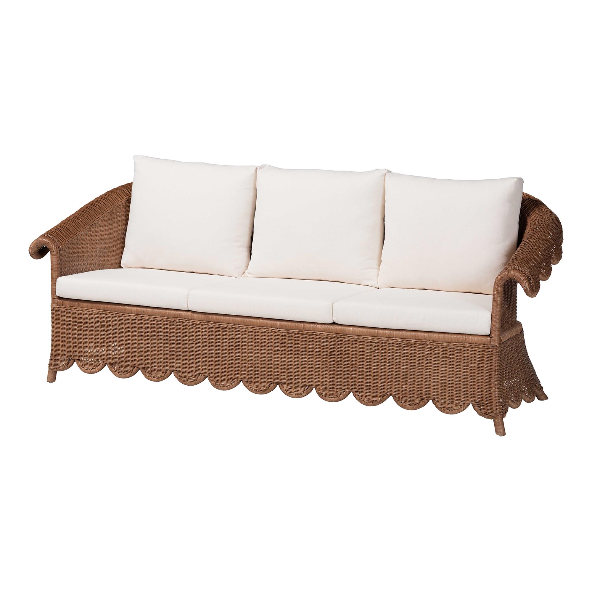 bali & pari Detta Natural Rattan Sofa with Cushion - Handwoven Wicker Settee with Rolled Arms and Scalloped Skirt Base, Boho Coastal Style for Sunroom or Lounge