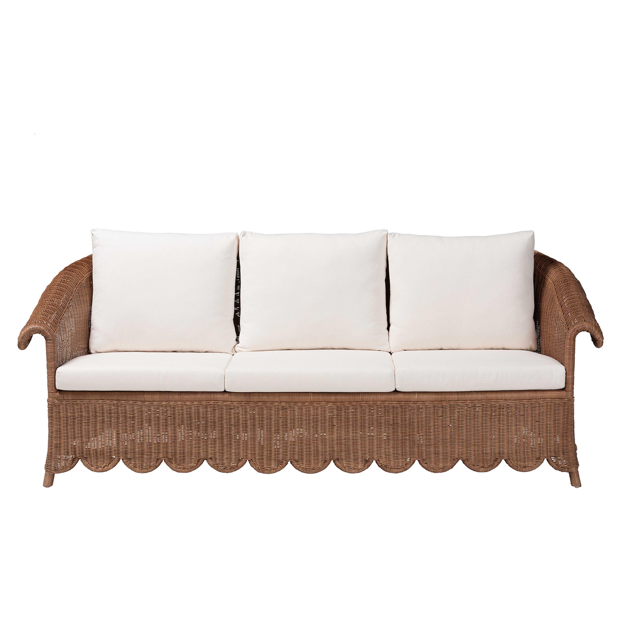 bali & pari Detta Natural Rattan Sofa with Cushion - Handwoven Wicker Settee with Rolled Arms and Scalloped Skirt Base, Boho Coastal Style for Sunroom or Lounge