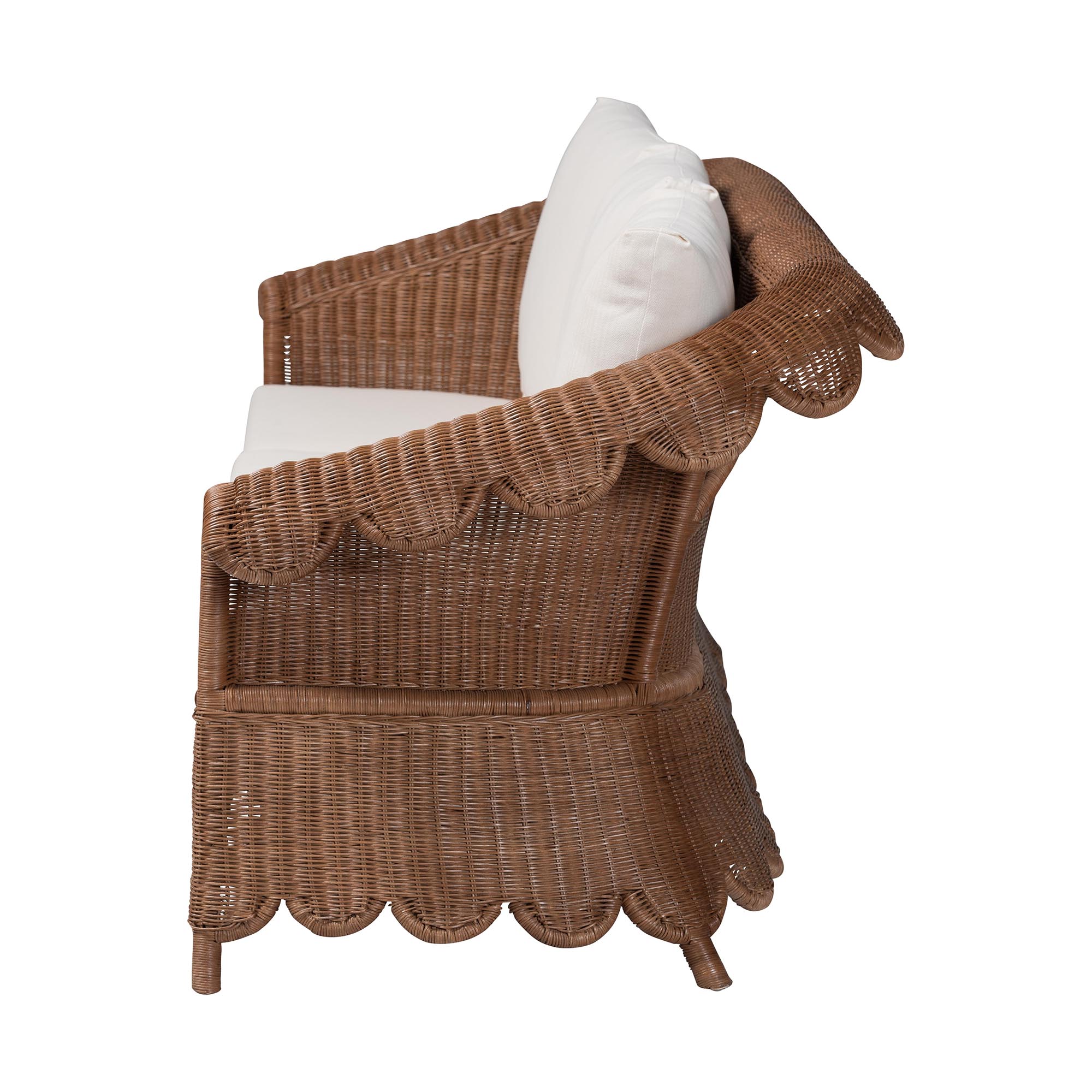 bali & pari Detta Natural Rattan Sofa with Cushion - Handwoven Wicker Settee with Rolled Arms and Scalloped Skirt Base, Boho Coastal Style for Sunroom or Lounge
