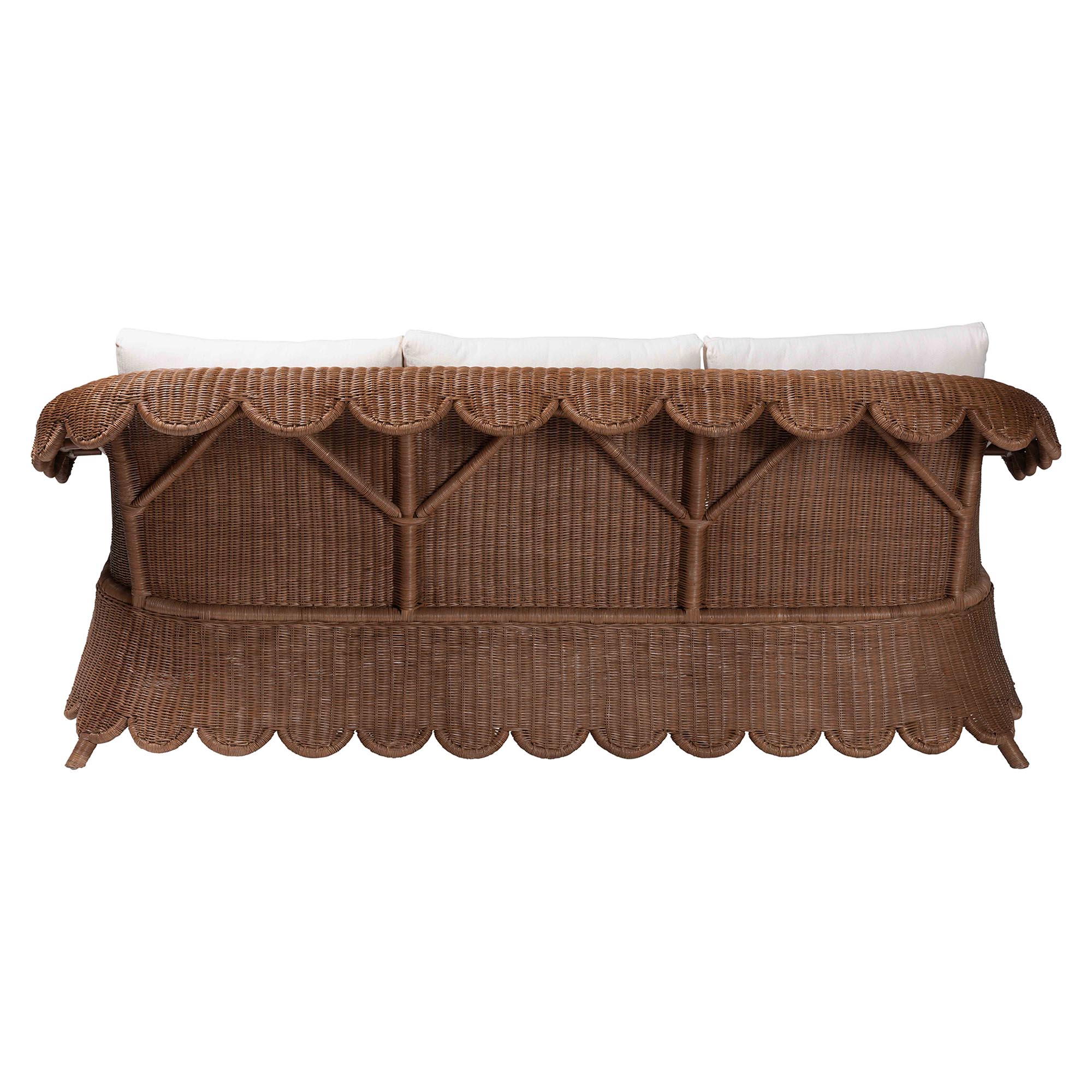 bali & pari Detta Natural Rattan Sofa with Cushion - Handwoven Wicker Settee with Rolled Arms and Scalloped Skirt Base, Boho Coastal Style for Sunroom or Lounge