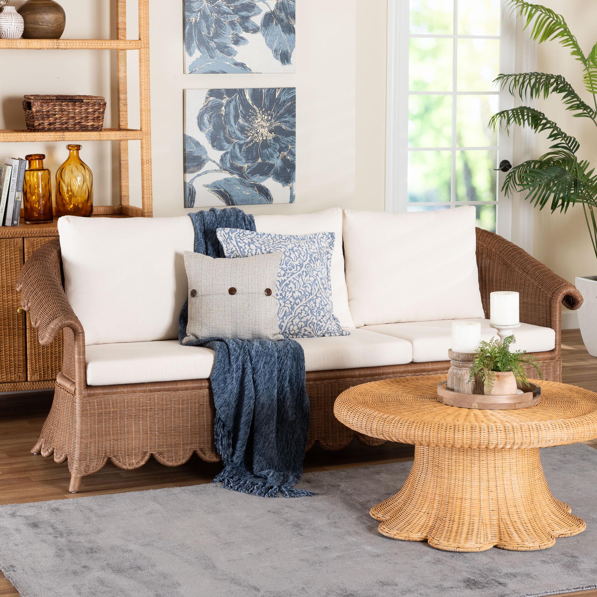 bali & pari Detta Natural Rattan Sofa with Cushion - Handwoven Wicker Settee with Rolled Arms and Scalloped Skirt Base, Boho Coastal Style for Sunroom or Lounge