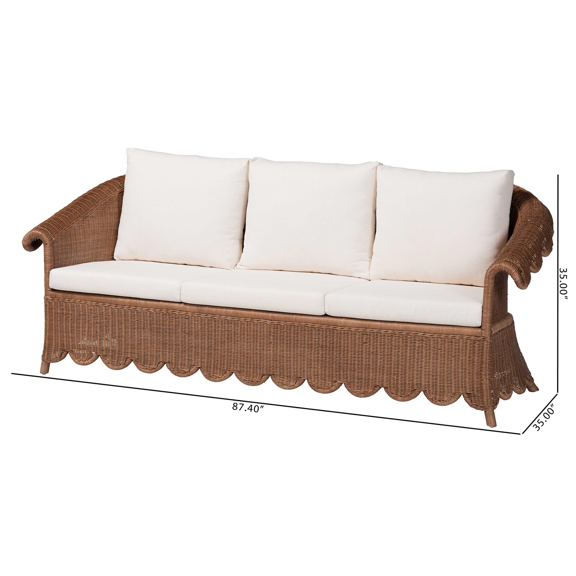 bali & pari Detta Natural Rattan Sofa with Cushion - Handwoven Wicker Settee with Rolled Arms and Scalloped Skirt Base, Boho Coastal Style for Sunroom or Lounge