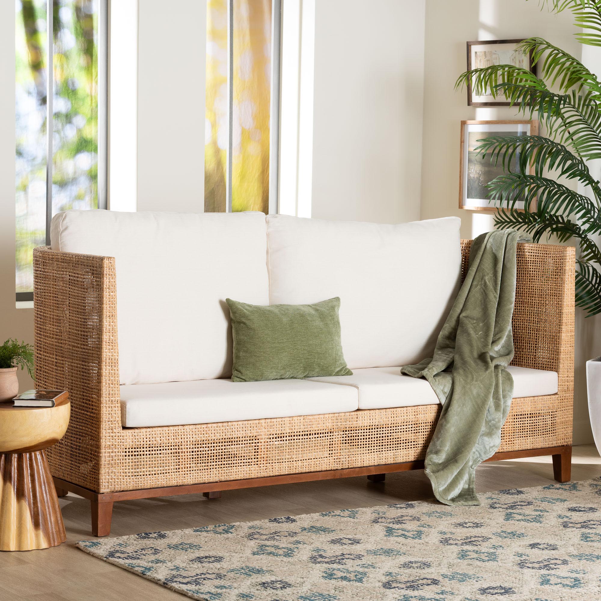 bali & pari Edda Natural Rattan Sofa with Upholstered Cushions - Coastal Style 3-Seater Couch for Living Room or Sunroom
