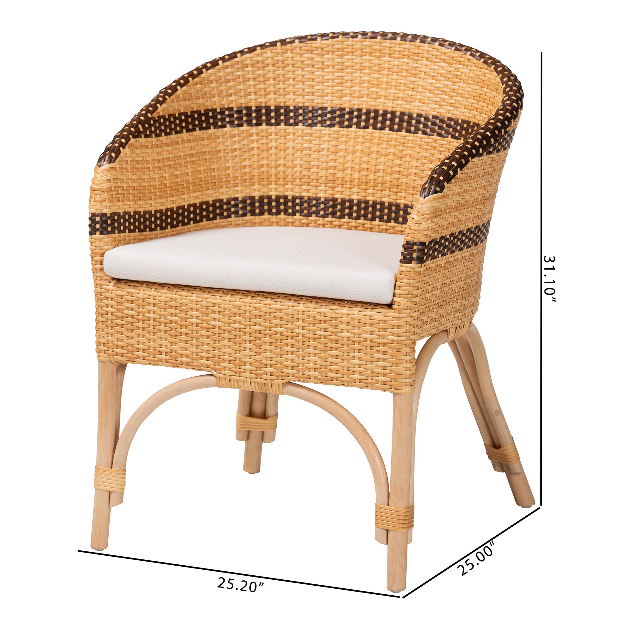bali & pari Elma Rattan Dining Chair with Cushion - Barrel-Back Accent Chair with Synthetic Woven and Natural Rattan Frame, Boho Coastal Style Seating for Dining or Living Room