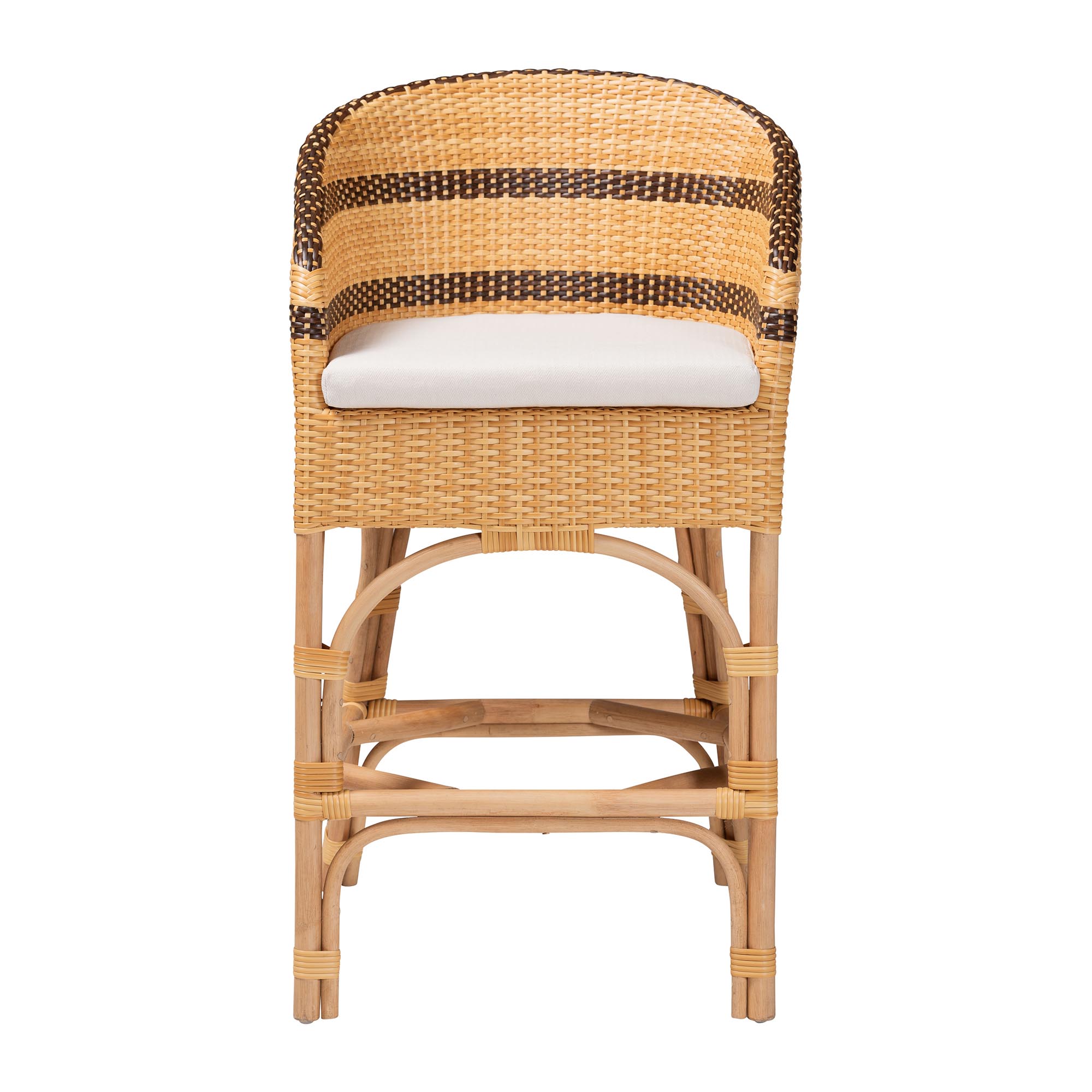 bali & pari Elma Rattan Counter Stool with Cushion - Barrel-Back Counter Chair with Synthetic Woven and Natural Rattan Frame, Boho Coastal Style Seating for Kitchen or Lounge