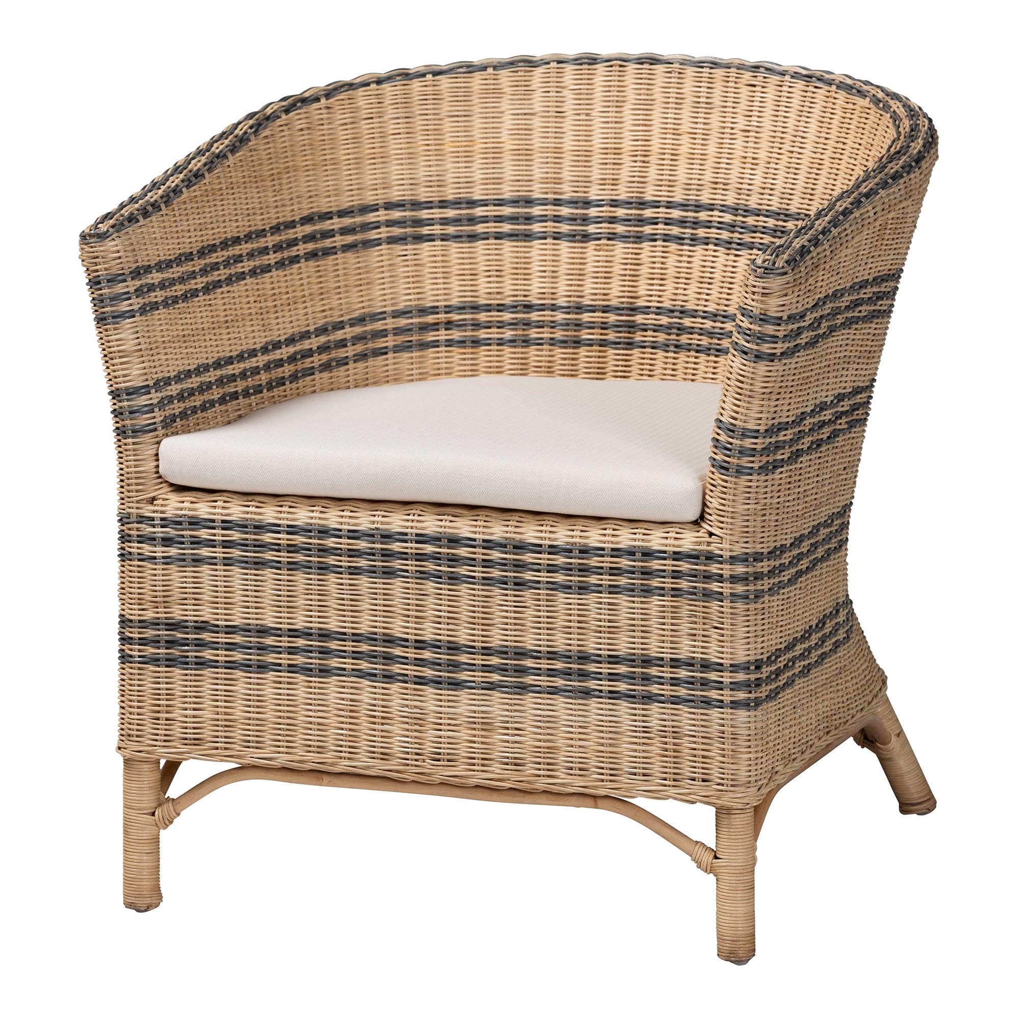 bali & pari Elda Natural Rattan Accent Chair - Wicker Barrel-Back Chair with Two-Tone Woven Stripes and Cushion, Coastal Boho Style Seating for  Living Room or Sunroom