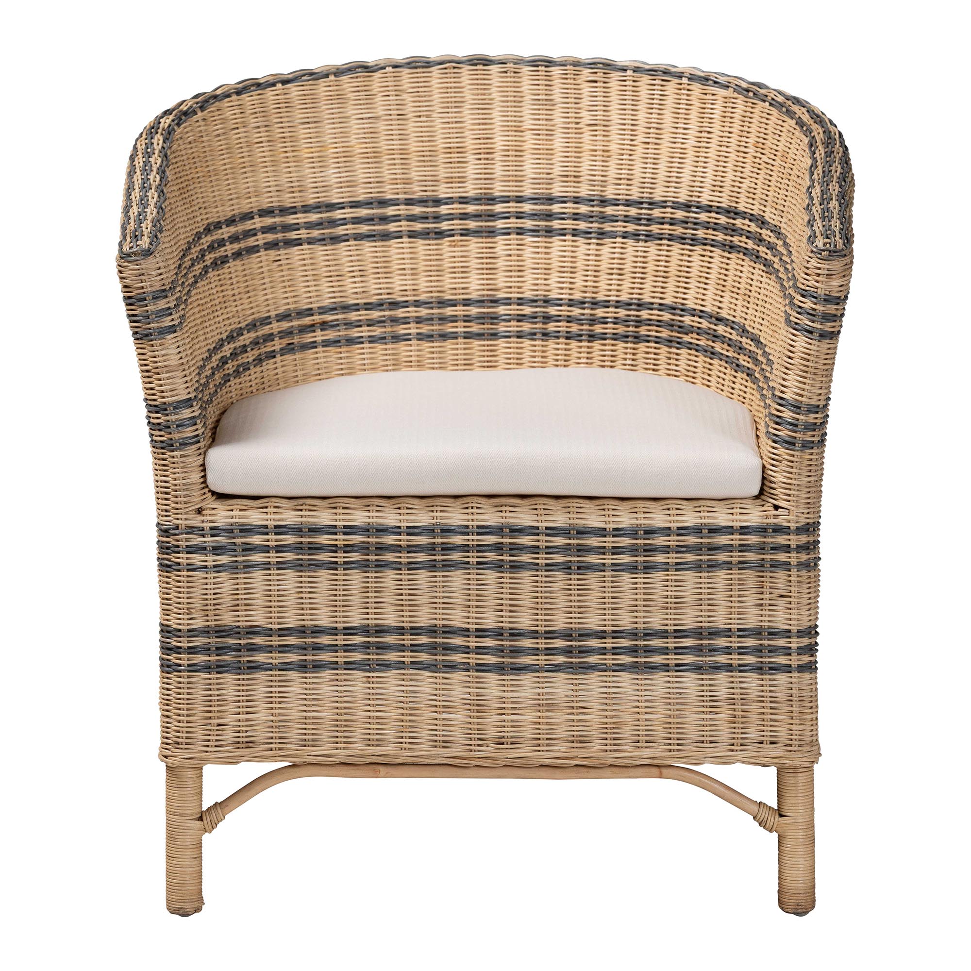 bali & pari Elda Natural Rattan Accent Chair - Wicker Barrel-Back Chair with Two-Tone Woven Stripes and Cushion, Coastal Boho Style Seating for  Living Room or Sunroom