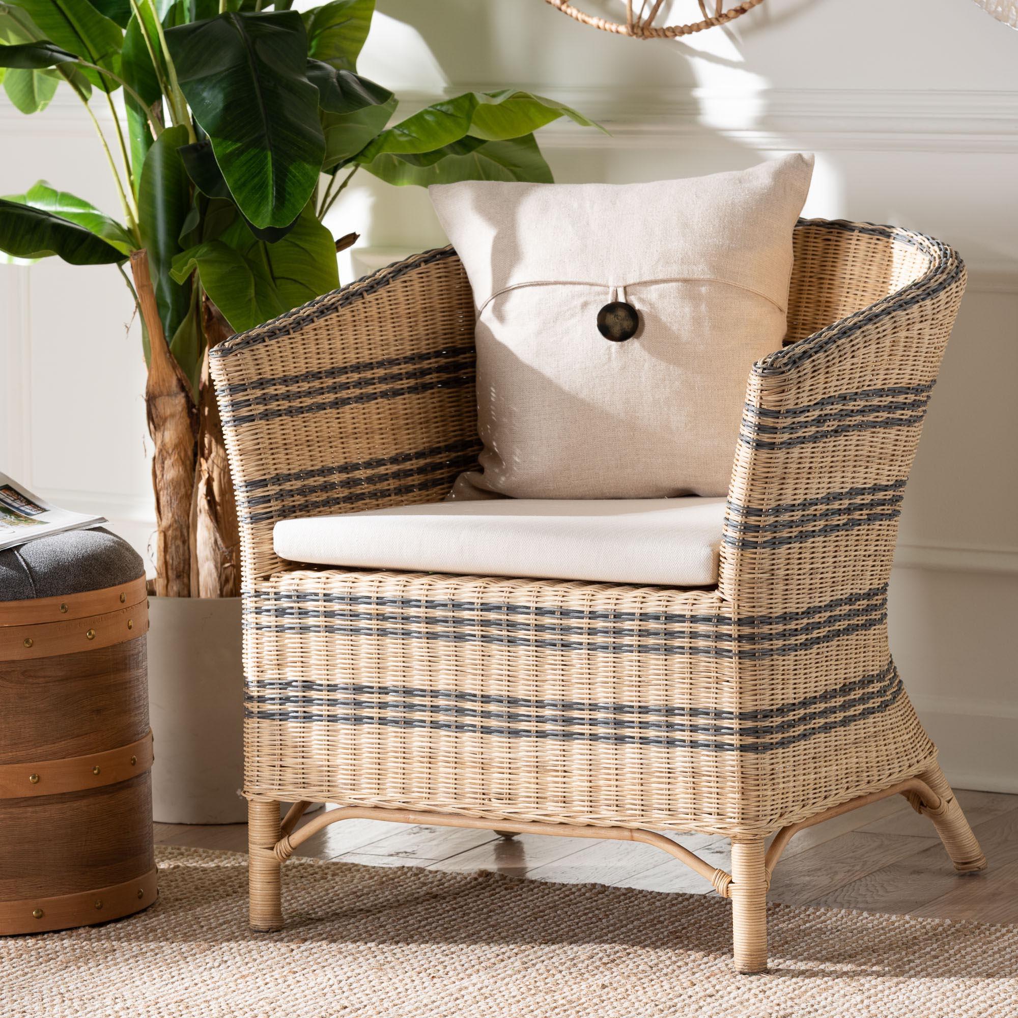 bali & pari Elda Natural Rattan Accent Chair - Wicker Barrel-Back Chair with Two-Tone Woven Stripes and Cushion, Coastal Boho Style Seating for  Living Room or Sunroom