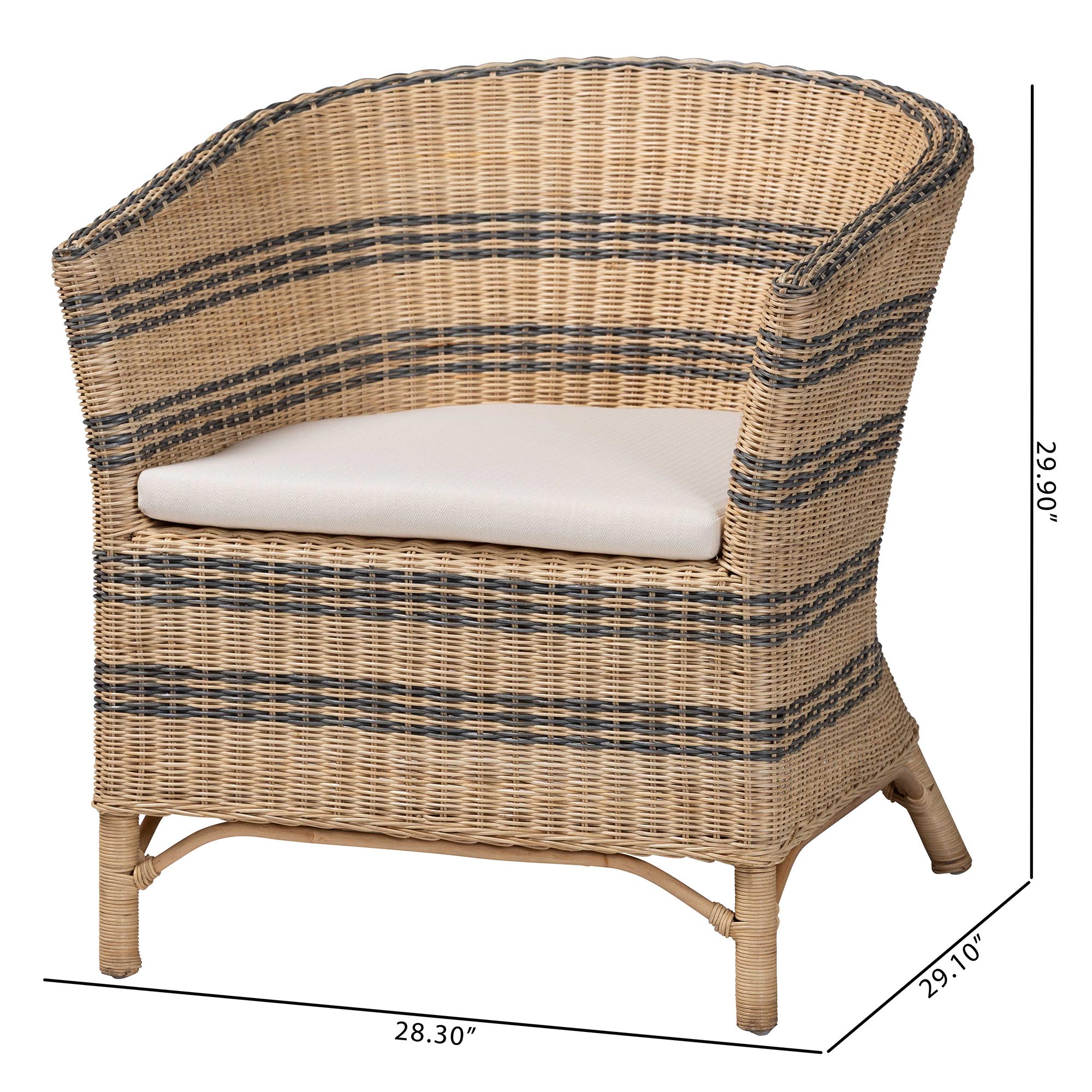 bali & pari Elda Natural Rattan Accent Chair - Wicker Barrel-Back Chair with Two-Tone Woven Stripes and Cushion, Coastal Boho Style Seating for  Living Room or Sunroom