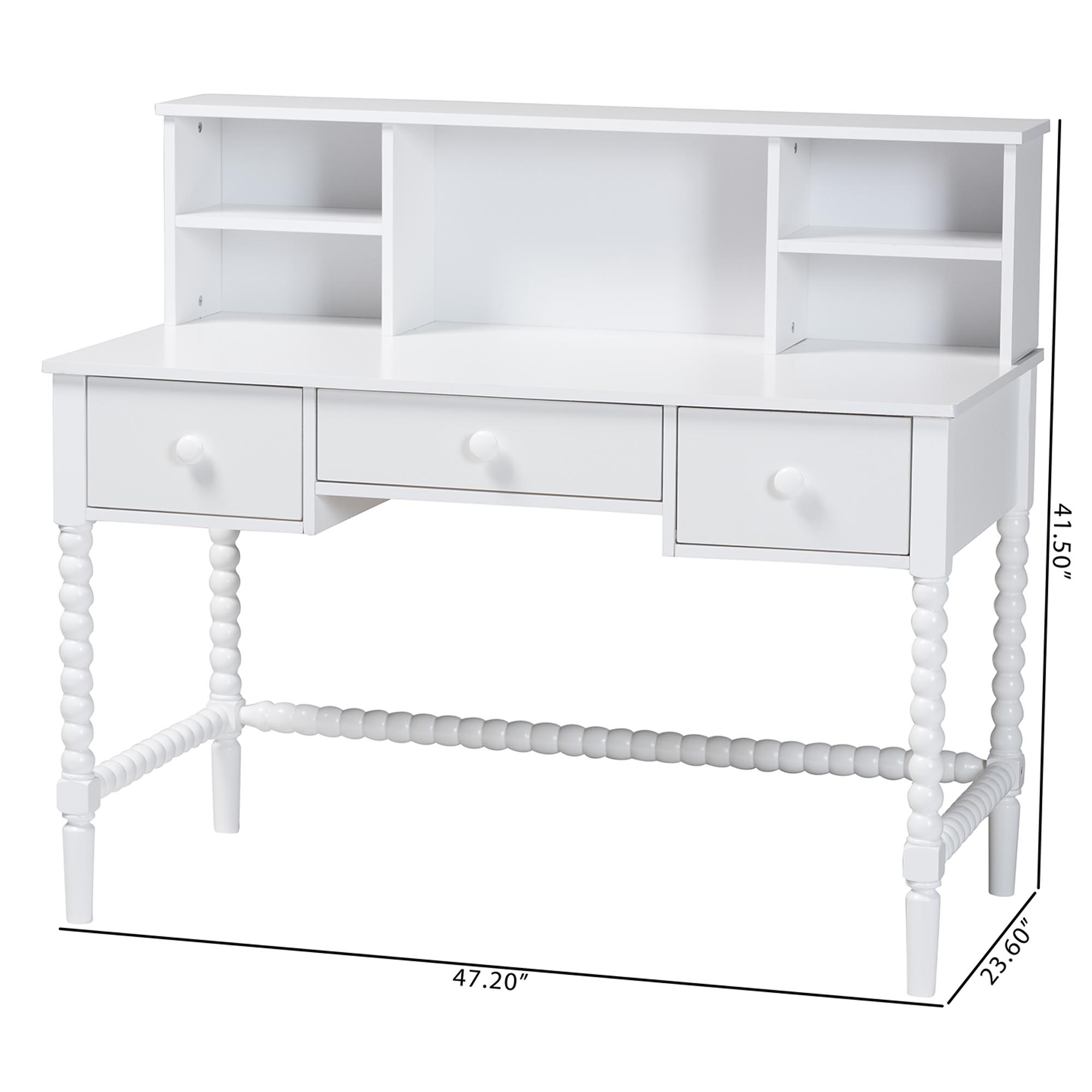 Baxton Studio Archwood Writing Desk with Hutch - 3-Drawer Wood Desk with Bobbin Design for Home Office or Bedroom Workspace, White