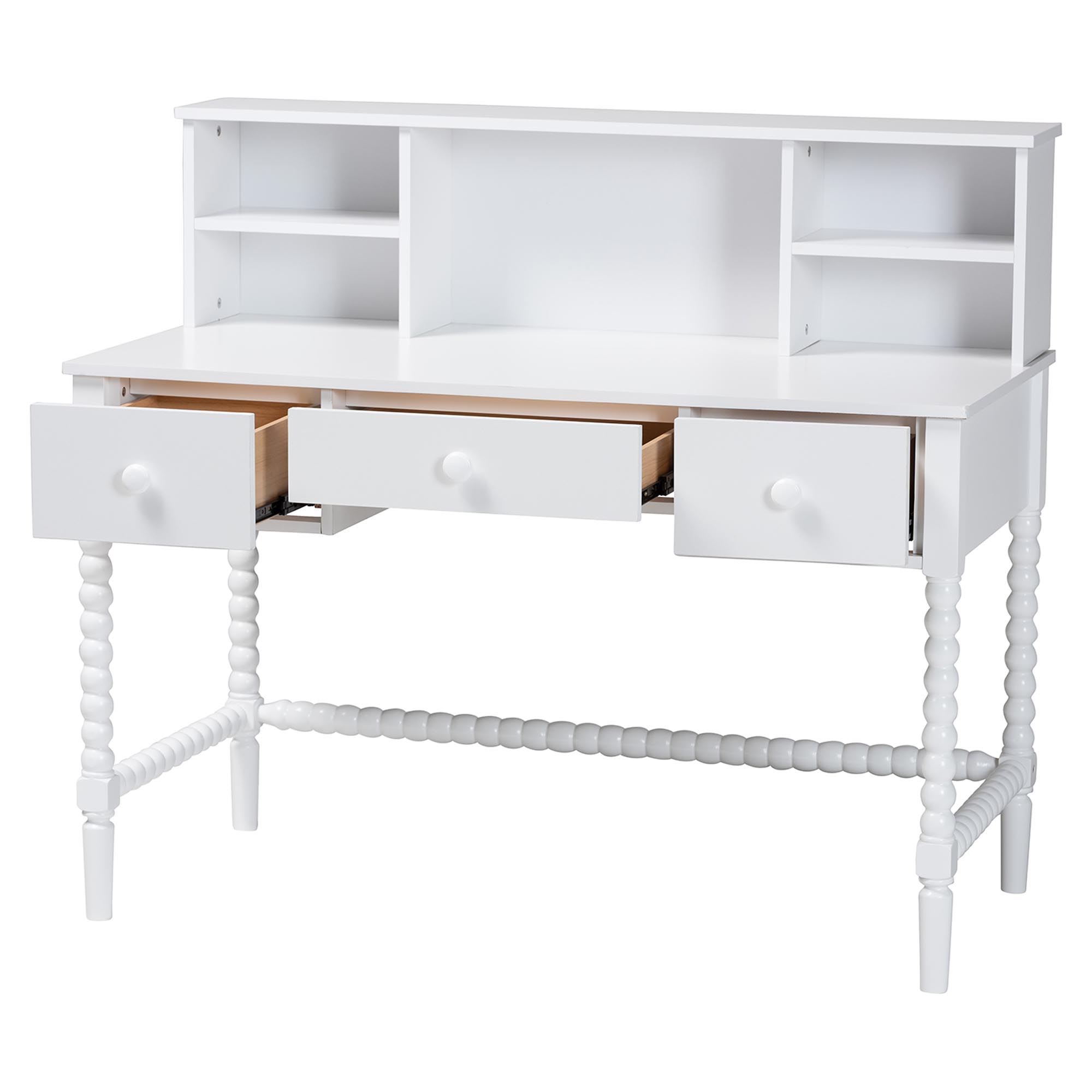 Baxton Studio Archwood Writing Desk with Hutch - 3-Drawer Wood Desk with Bobbin Design for Home Office or Bedroom Workspace, White